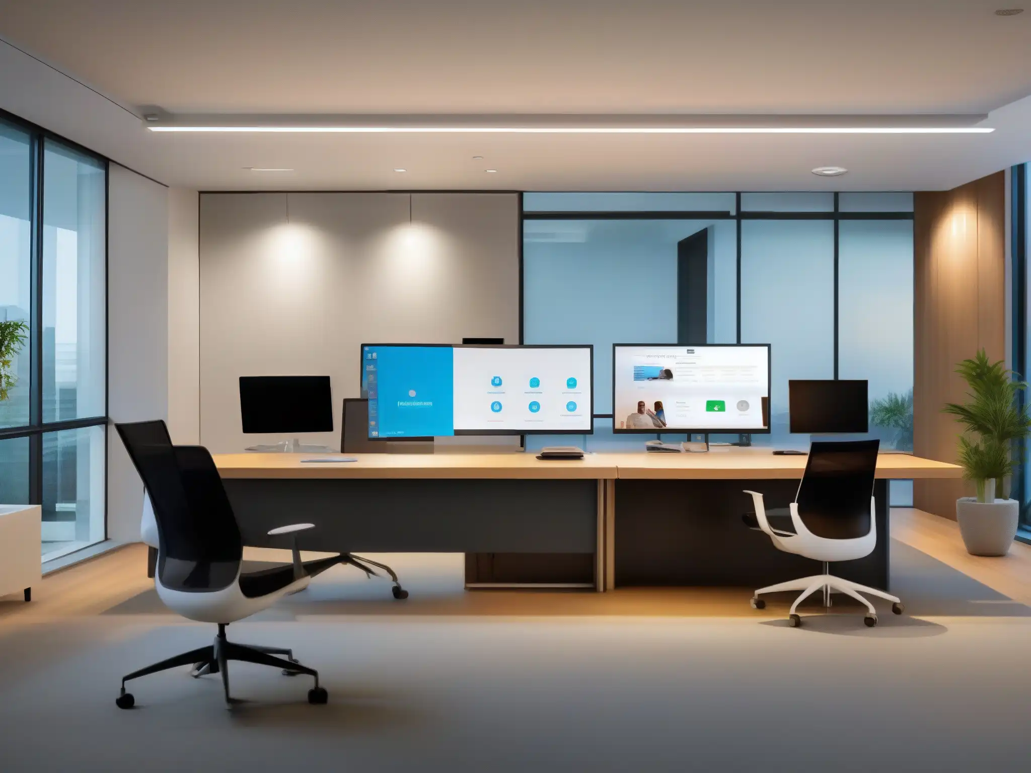 Oficina moderna con videoconferencias Webex y Skype Oficina moderna con dos configuraciones de videoconferencia, Webex y Skype for Business