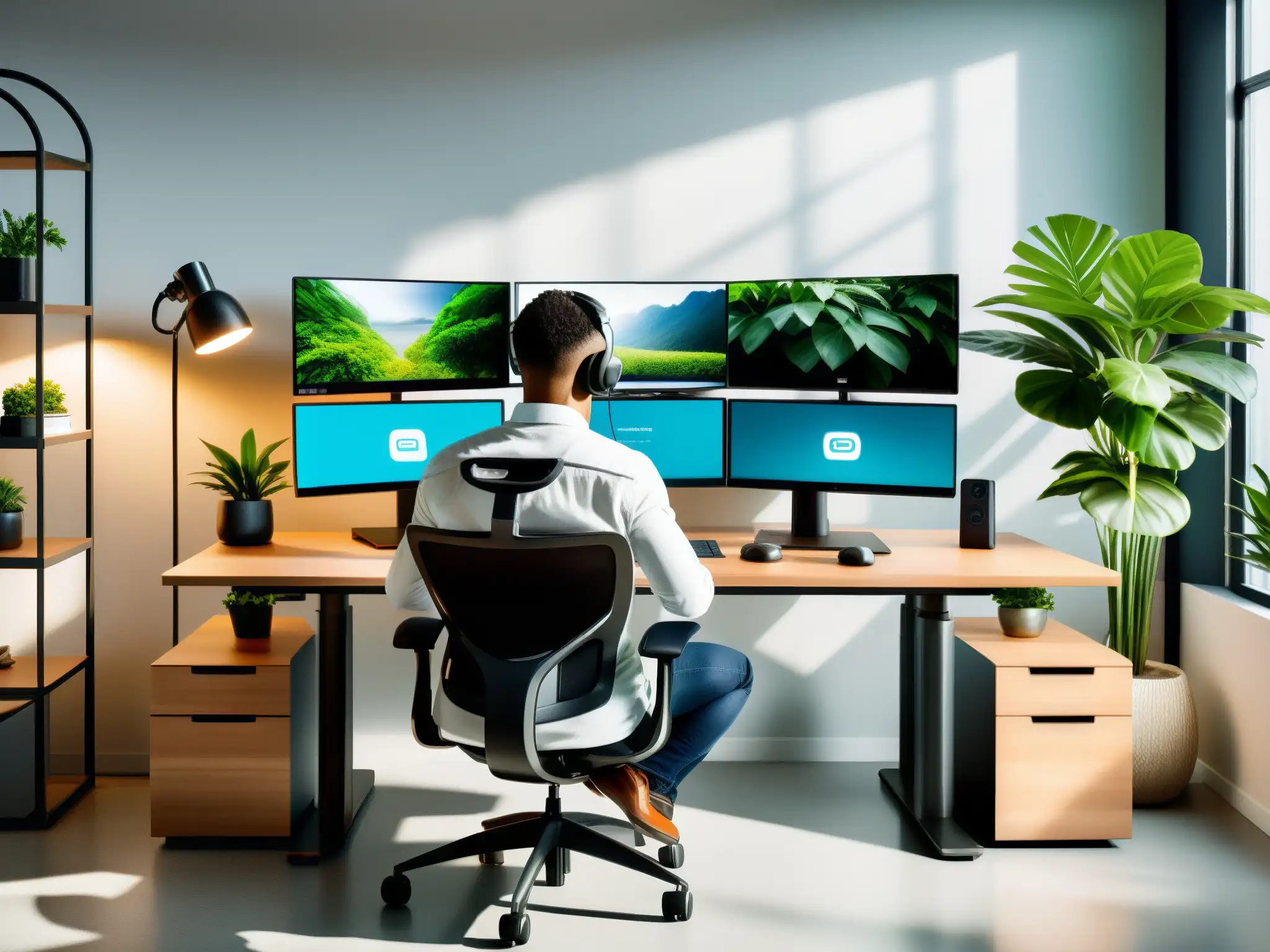 Oficina ergonómica: videoconferencia con postura adecuada Oficina moderna con consejos de ergonomía para videoconferencias saludables, luz natural y decoración relajante