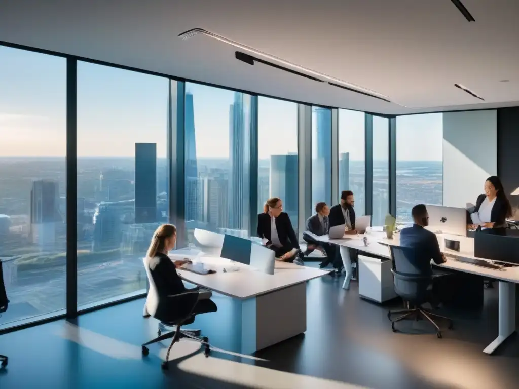 Oficina moderna con ambiente innovador y colaborativo Oficina moderna y dinámica con profesionales colaborando, reflejando la transformación digital en una multinacional con Microsoft Teams