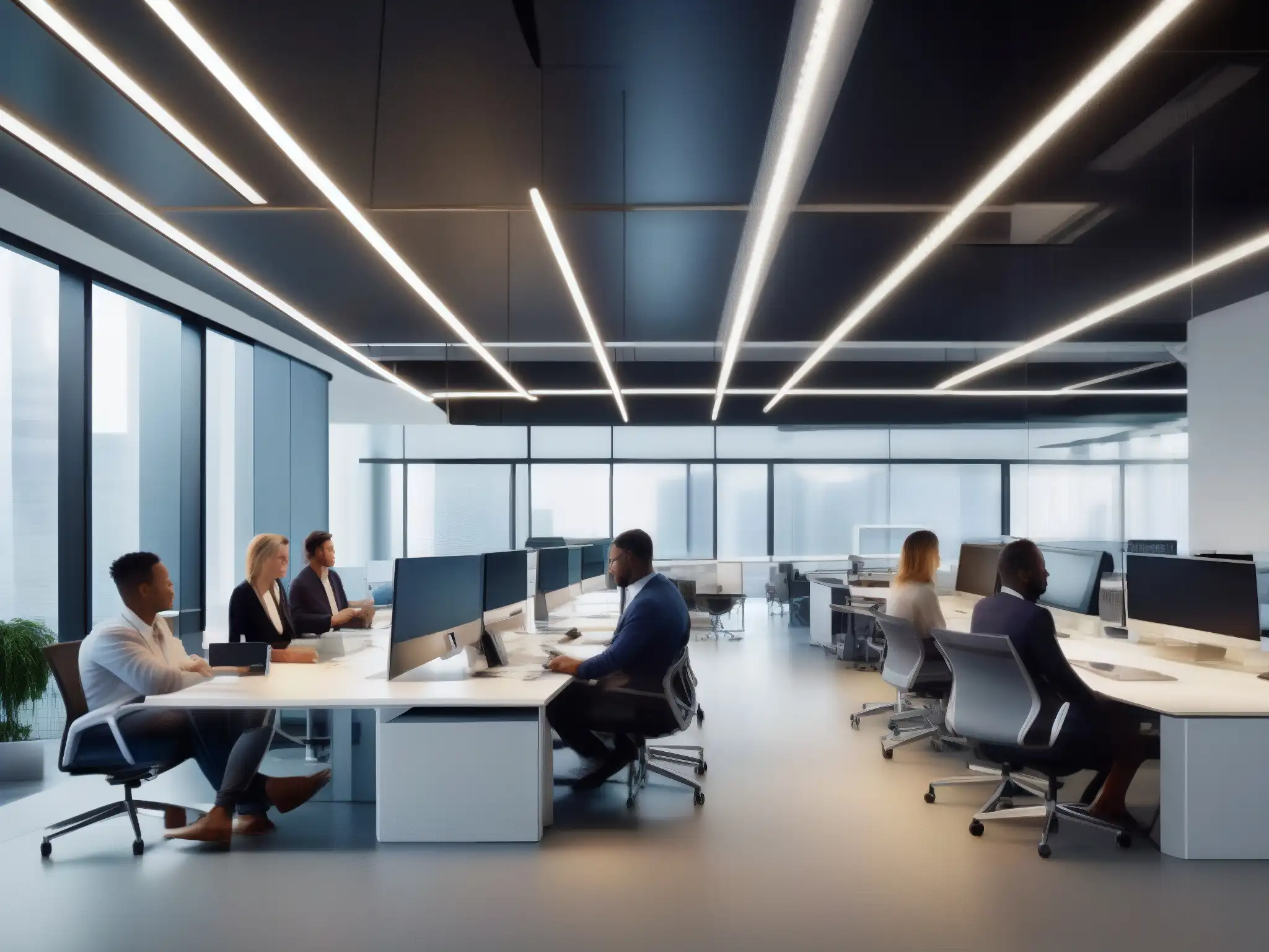 Oficina moderna y productiva con videoconferencias Oficina moderna y dinámica con profesionales en videoconferencias, transmitiendo eficiencia y profesionalismo