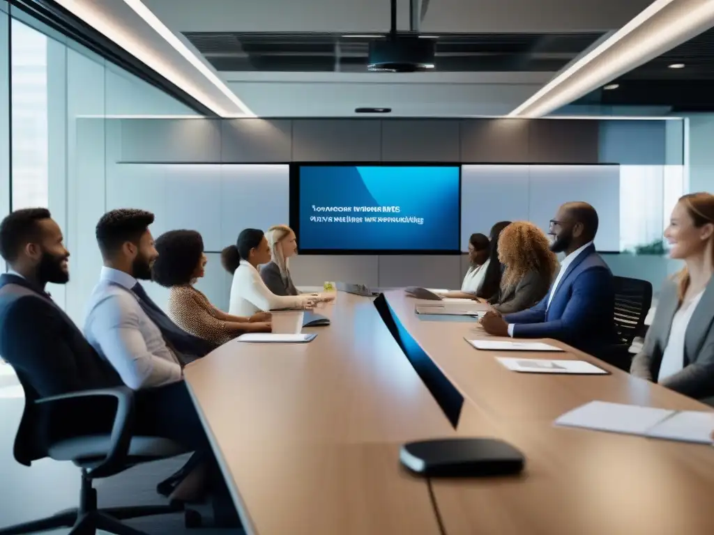 Sala de conferencias moderna y vibrante con videoconferencias globales Oficina moderna y dinámica con videoconferencias, integrando tecnología para productividad y cultura corporativa