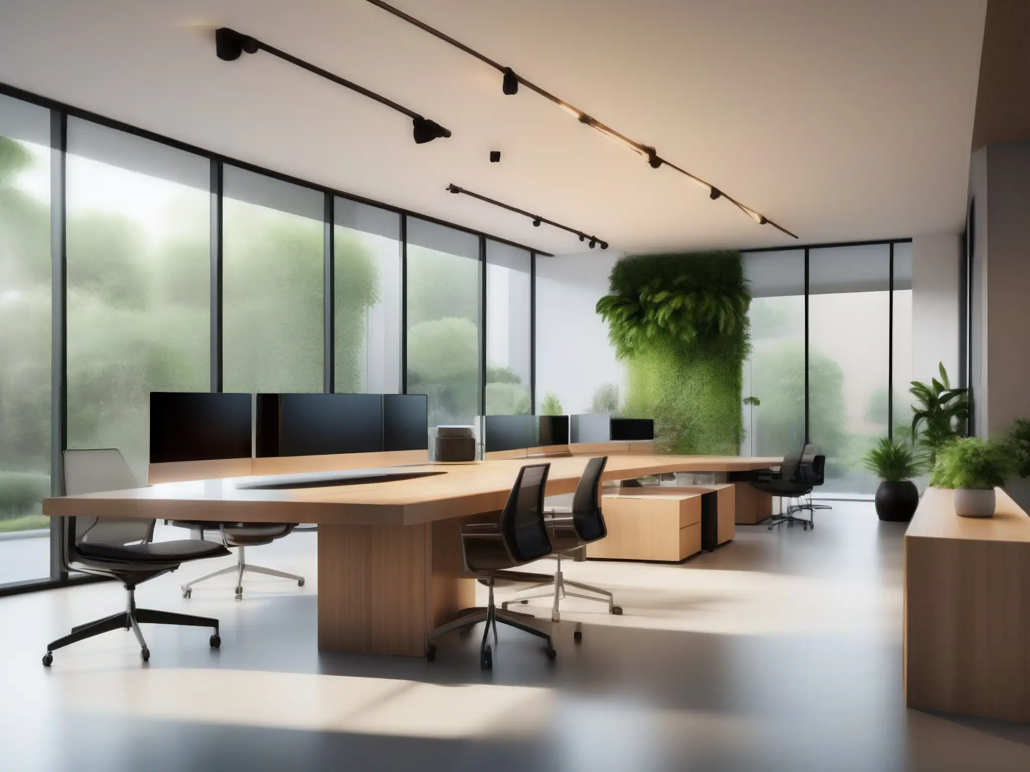 Oficina Ecológica: Espacio Moderno y Sostenible Oficina moderna y ecológica con plataformas de videoconferencia ecológicas, iluminación LED y mobiliario sostenible