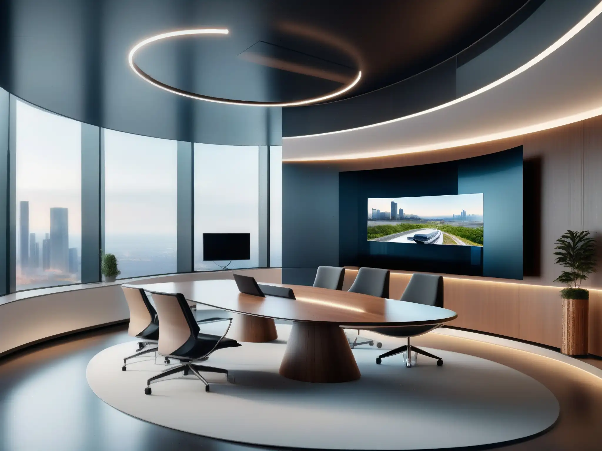 Oficina futurista con videoconferencia 8K Una oficina moderna con efecto del 5G en videoconferencias