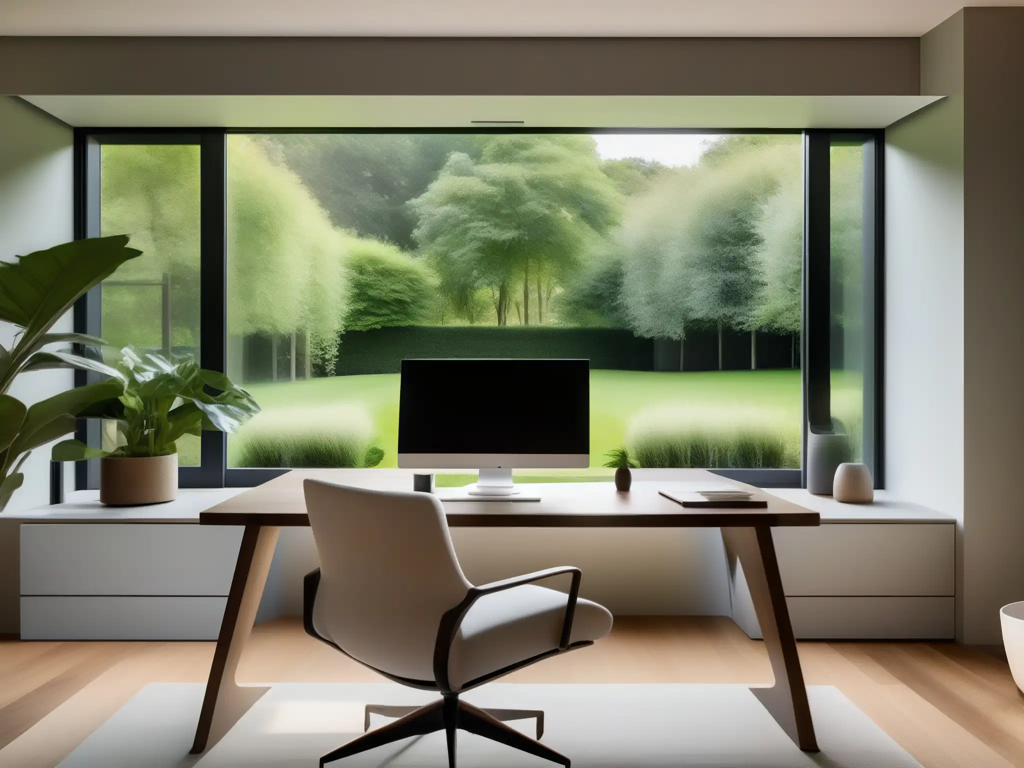 Oficina en casa moderna con videoconferencia y ventana panorámica Oficina moderna con efecto videoconferencias balance trabajo vida, ventana panorámica y jardín exuberante