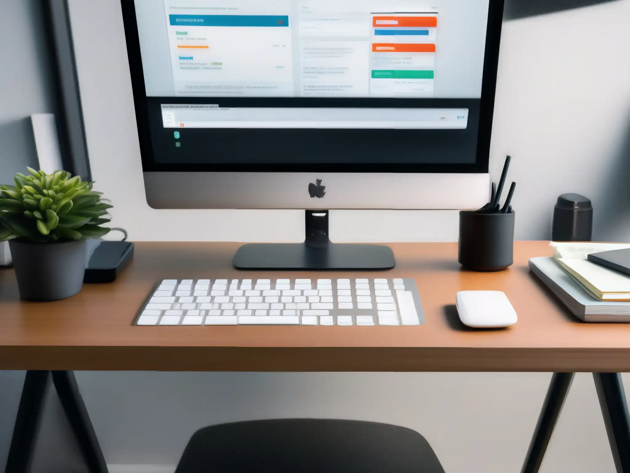 Escritorio de oficina automatizado con tecnología moderna Una oficina moderna y eficiente con tecnología conectada, transmitiendo productividad e innovación
