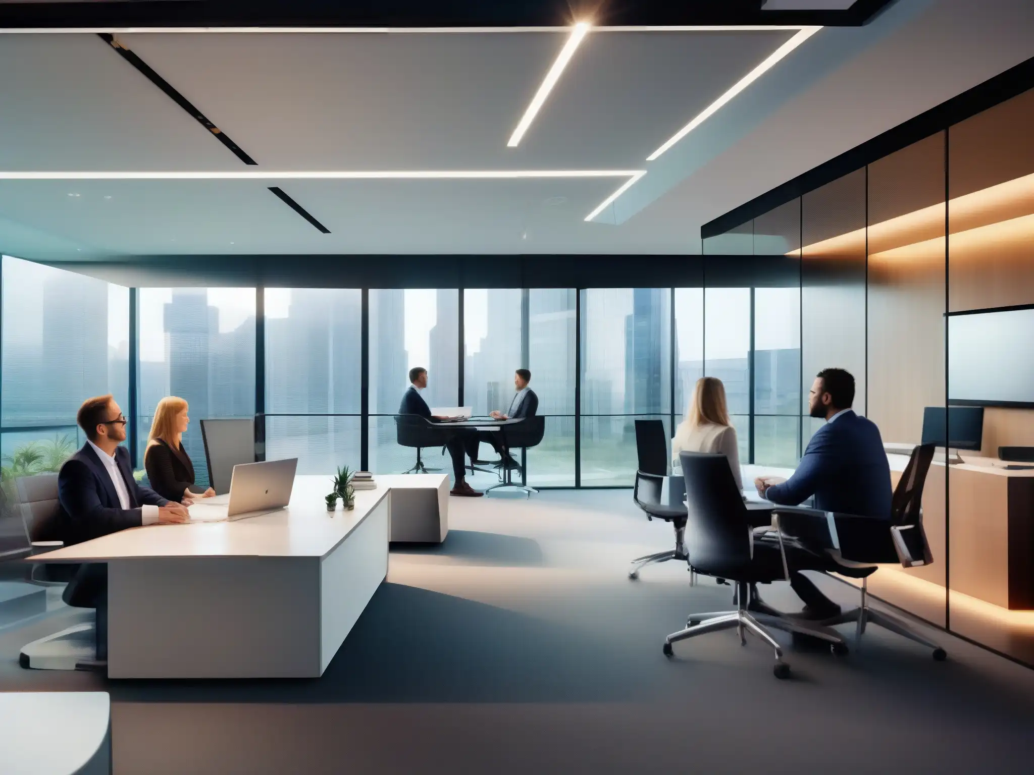 Oficina moderna: colaboración, tecnología y profesionalismo Oficina moderna con equipo de videoconferencia, ventas y comunicación continua de equipos