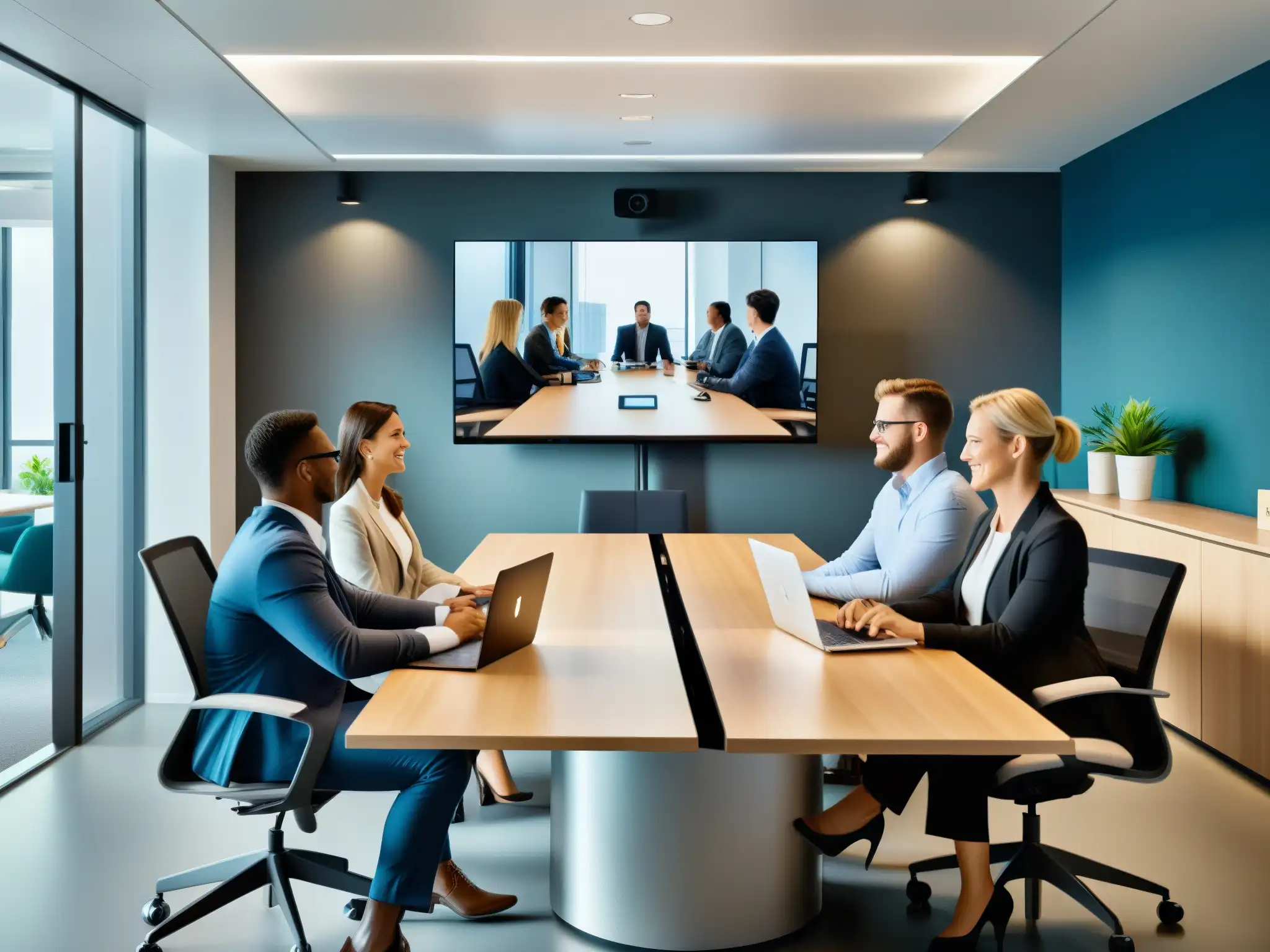 Oficina moderna y productiva: Videoconferencia con AnyDesk Oficina moderna con equipo colaborando en videoconferencias profesionales con AnyDesk, proyectando productividad y eficiencia