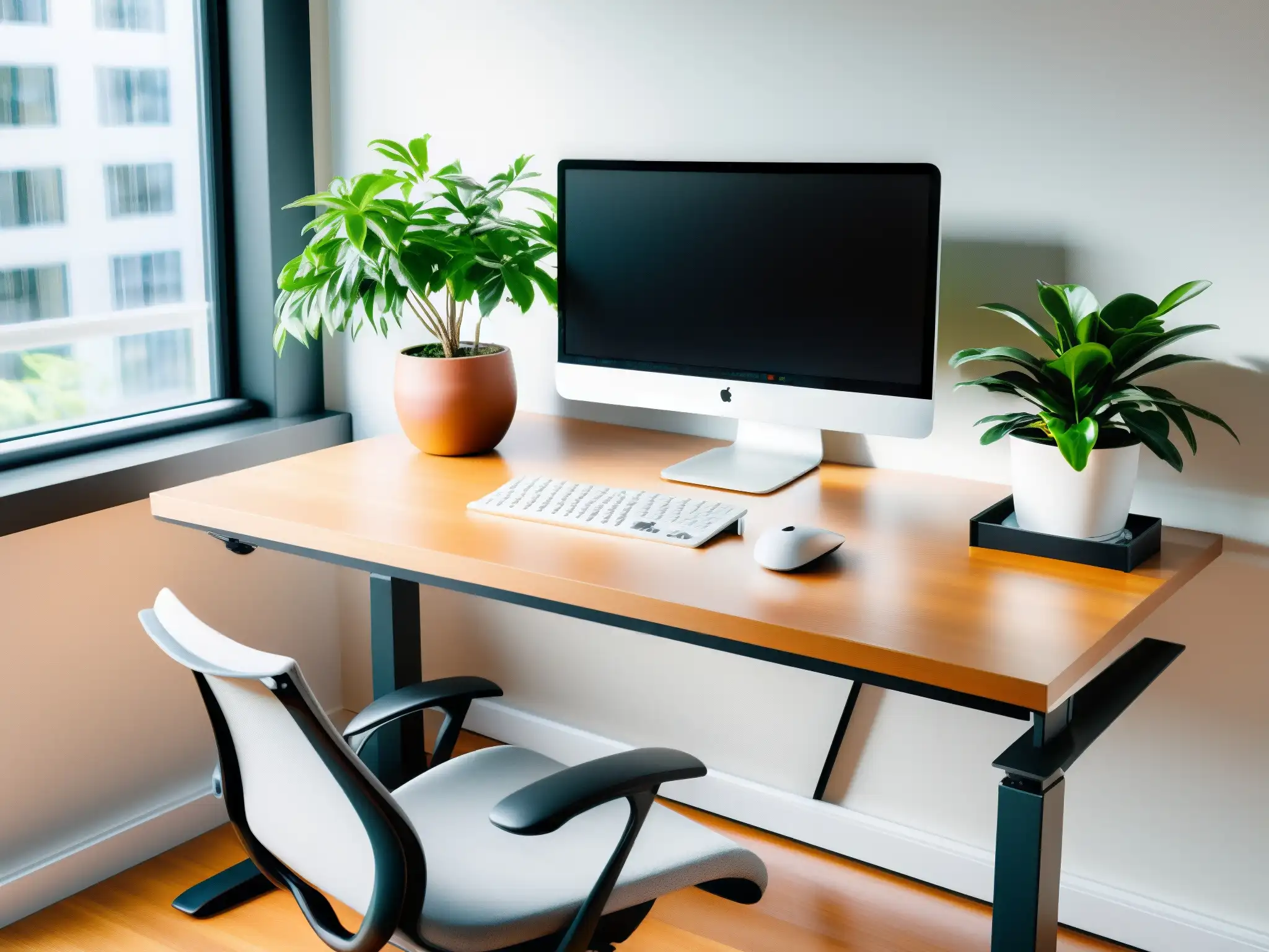 Oficina moderna para el bienestar y la productividad Oficina moderna con ergonomía, mucha luz natural y persona en videoconferencia para evitar burnout gestión videoconferencias
