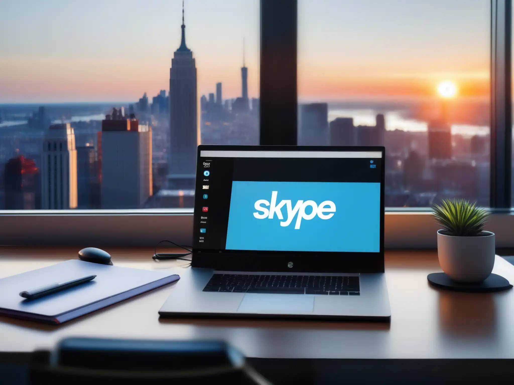 Oficina moderna con Skype y vista a la ciudad Una oficina moderna con escritorio, computadora, notas sobre automatización de Skype y auriculares