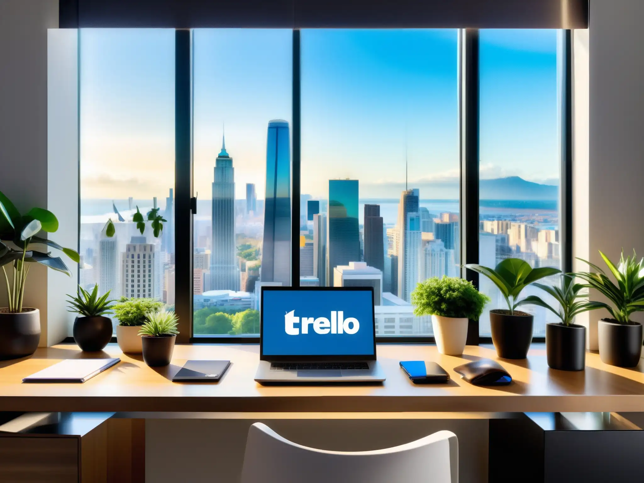 Workspace moderno con Trello y Microsoft Teams Oficina moderna con escritorio elegante, laptop con Trello y Microsoft Teams, plantas, papelería y café, vista panorámica de la ciudad