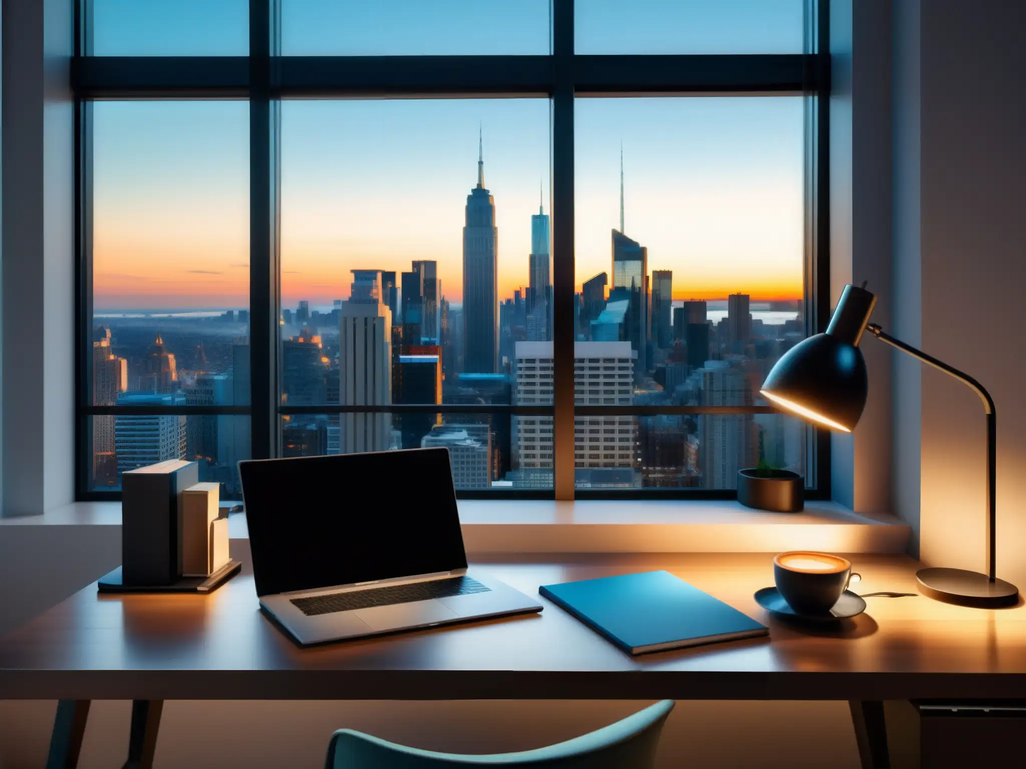 Oficina moderna con vista panorámica y ambiente productivo Oficina moderna con escritorio elegante, laptop de alta gama, lámpara de diseño y cuadernos organizados