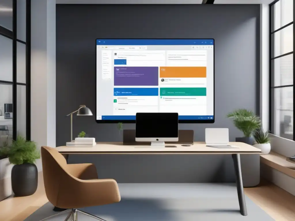 Oficina moderna: integración fluida entre Trello y Microsoft Teams Oficina moderna con escritorio elegante, pantalla dividida entre Trello y Microsoft Teams