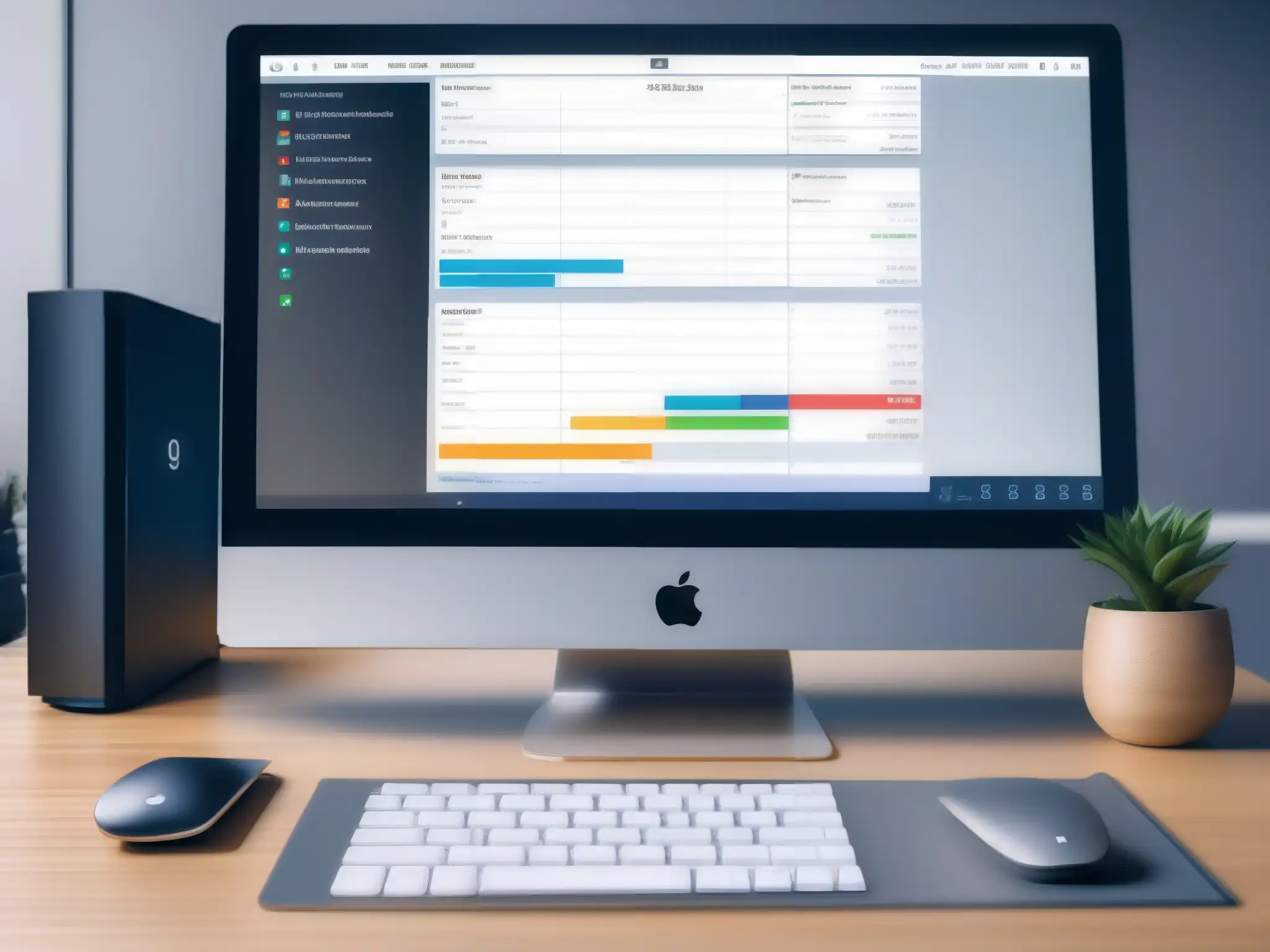 Automatización eficiente para videoconferencias profesionales Oficina moderna con escritorio organizado, monitor mostrando automatización de tareas para videoconferencias y profesional listo