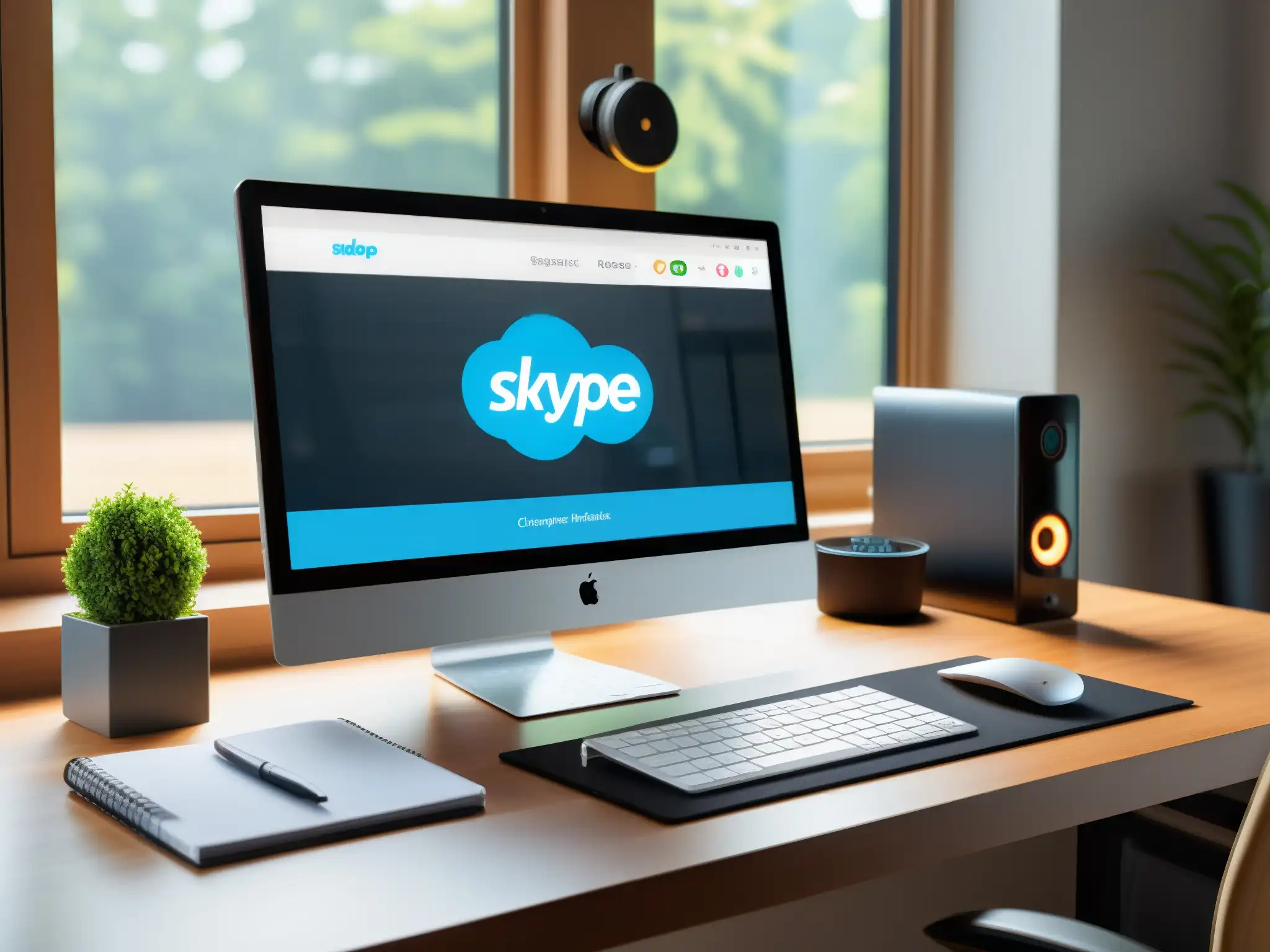Oficina moderna con CRM y Skype: profesionalidad y eficiencia Oficina moderna con escritorio organizado, CRM en pantalla y llamada por Skype