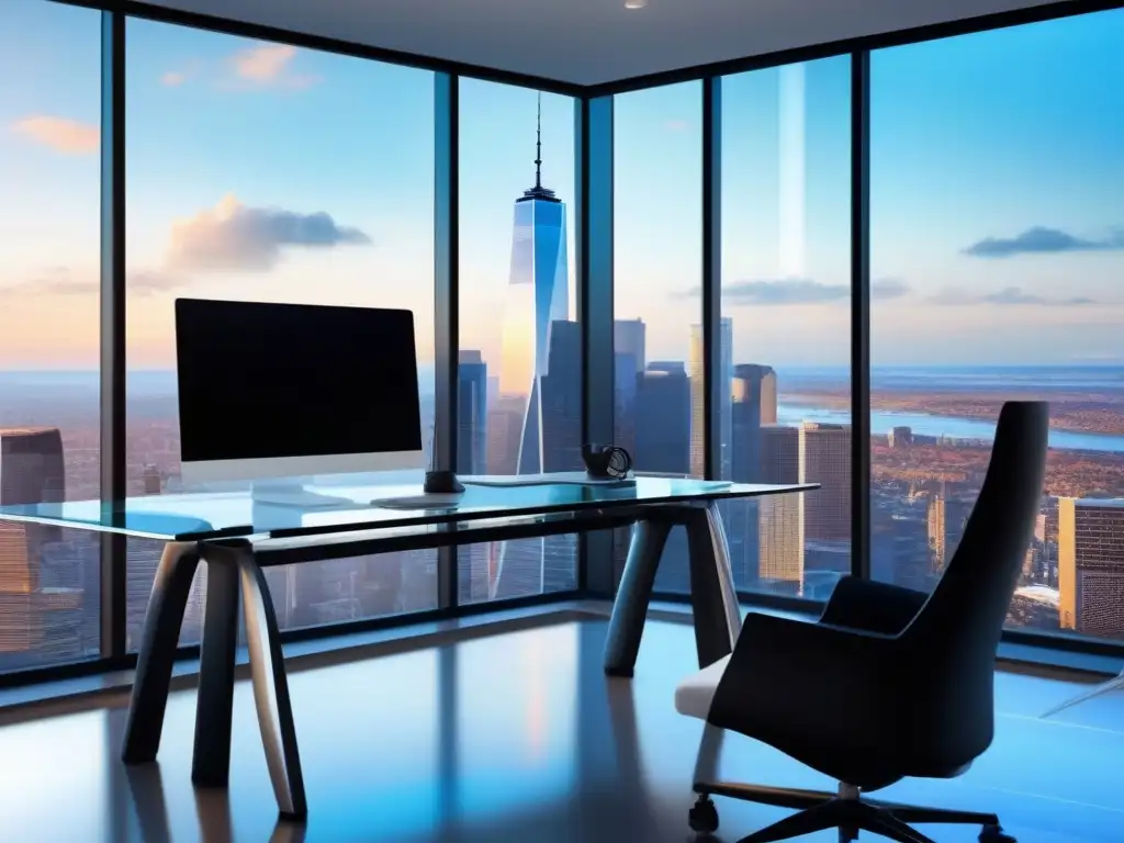 Oficina moderna con vista panorámica y tecnología de vanguardia Oficina moderna con escritorio de vidrio, silla ergonómica y vista a la ciudad