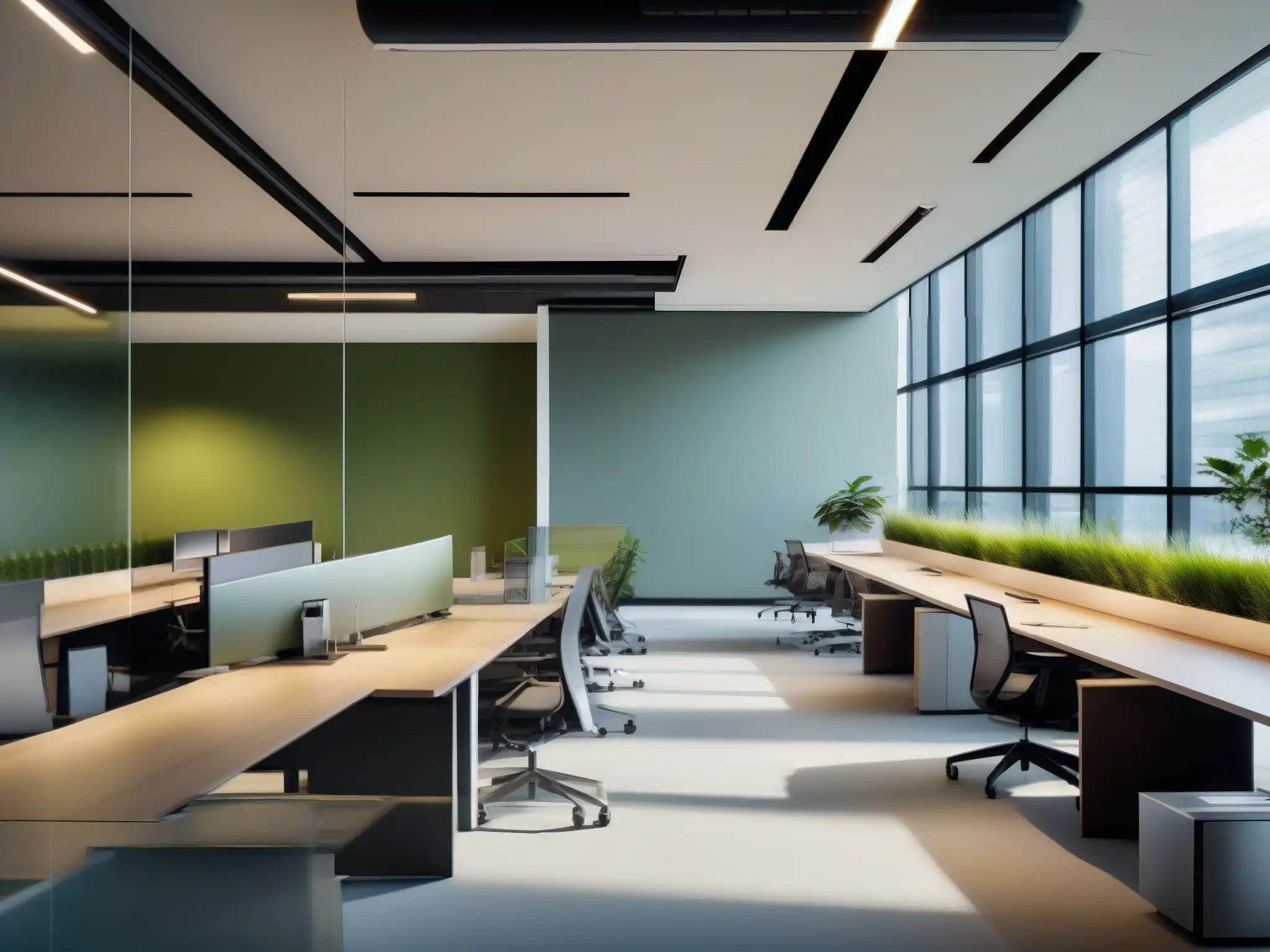 Oficina moderna: innovación y productividad con Chime Oficina moderna con espacios abiertos, decoración minimalista y empleados colaborando, reflejando la integración de Chime en ambientes corporativos