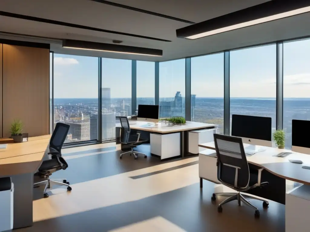 Oficina moderna con vista panorámica a la ciudad Oficina moderna con espacios abiertos y equipamiento de videoconferencia, comunicación continua para equipos de ventas