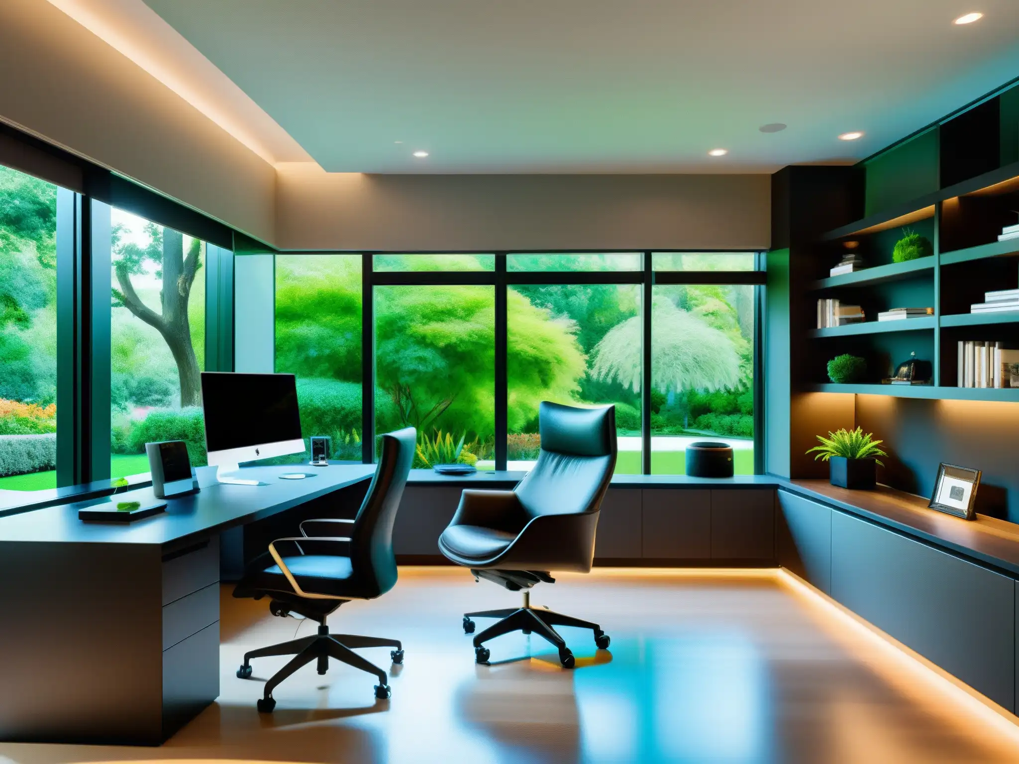 Oficina en casa moderna y espaciosa con tecnología de vanguardia y vistas al jardín Oficina moderna y espaciosa con tecnología avanzada y vista a un jardín exuberante