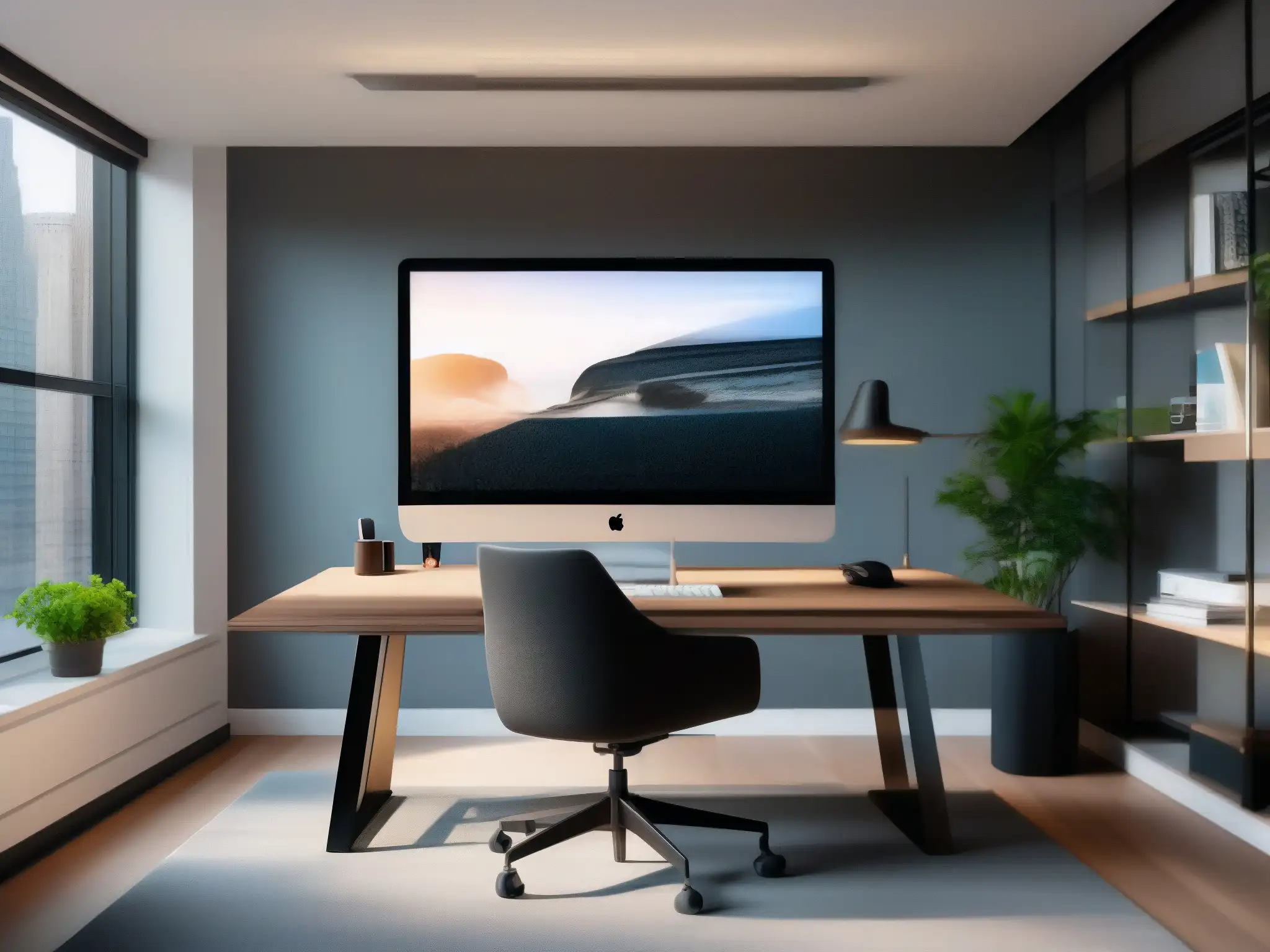 Oficina en casa moderna: eficiencia y profesionalismo Oficina moderna con estrategias efectivas de gestión del tiempo y videoconferencias profesionales en un entorno virtual