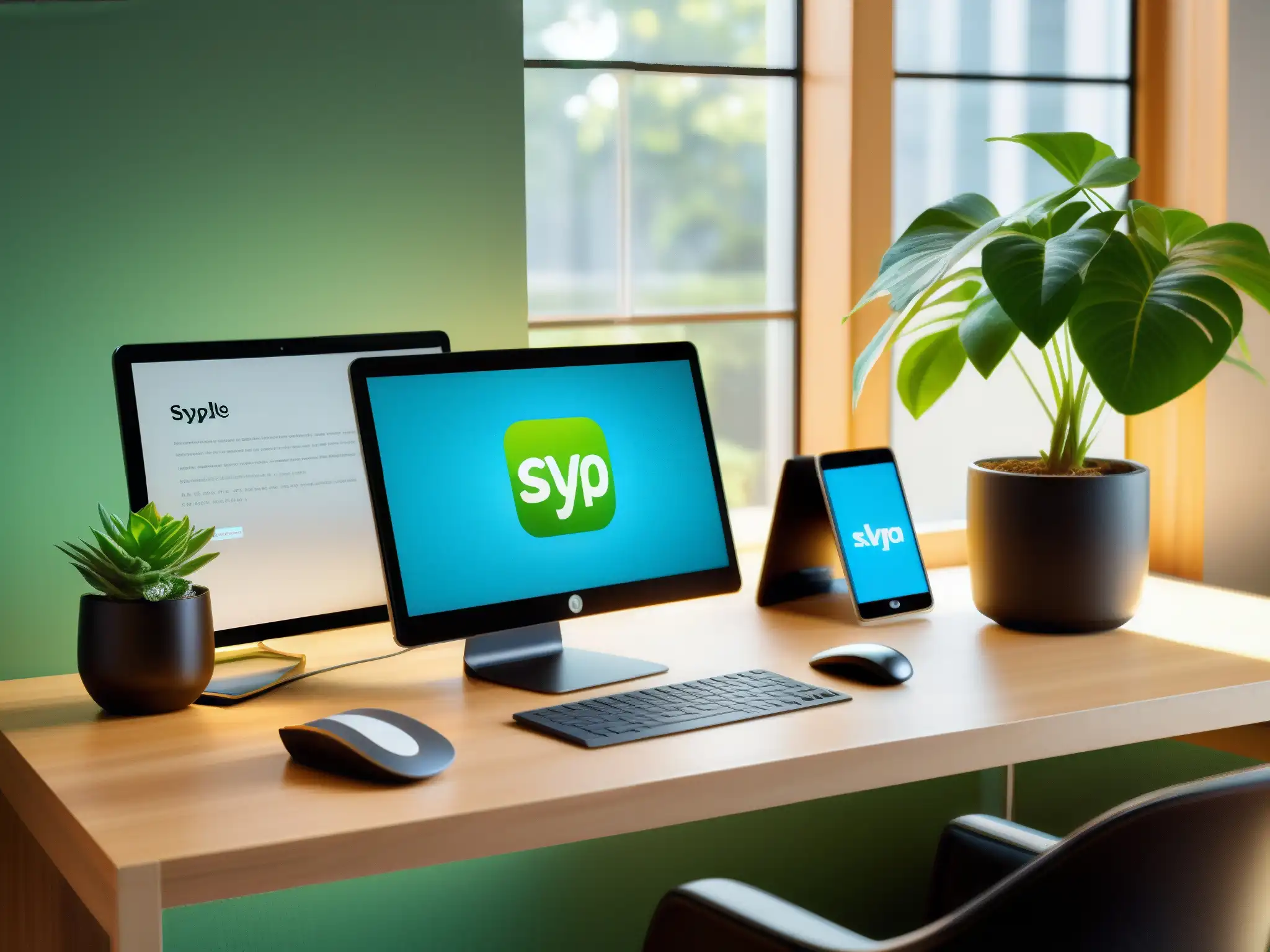 Escritorio de oficina moderno con integración de Evernote y Skype Una oficina moderna con herramientas de videoconferencia comparativa, integración perfecta y ambiente profesional acogedor