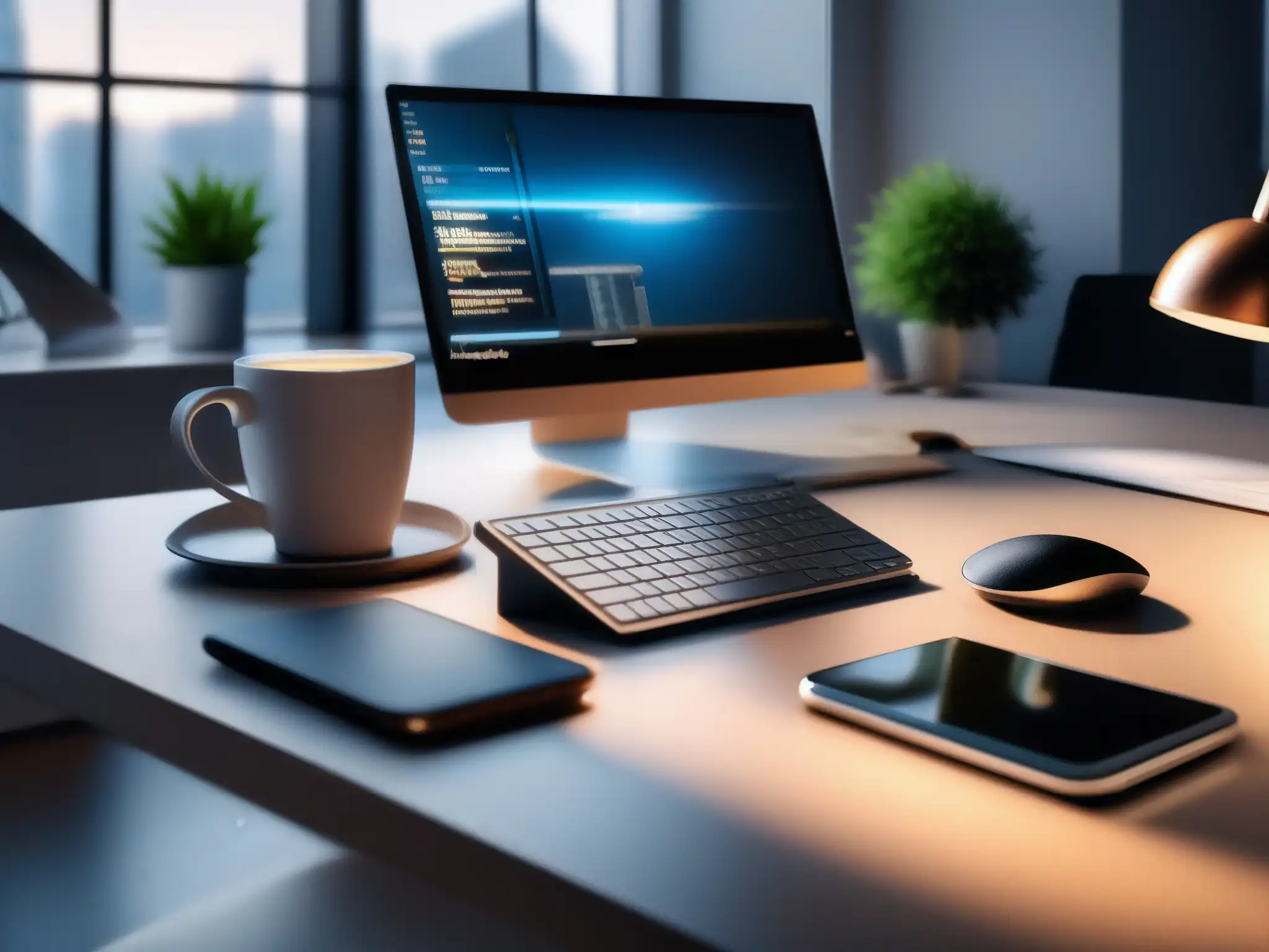 Oficina moderna con escritorio elegante y luz natural Oficina moderna iluminada por luz natural con escritorio ordenado y personas trabajando, ideal para análisis de productividad de Slack