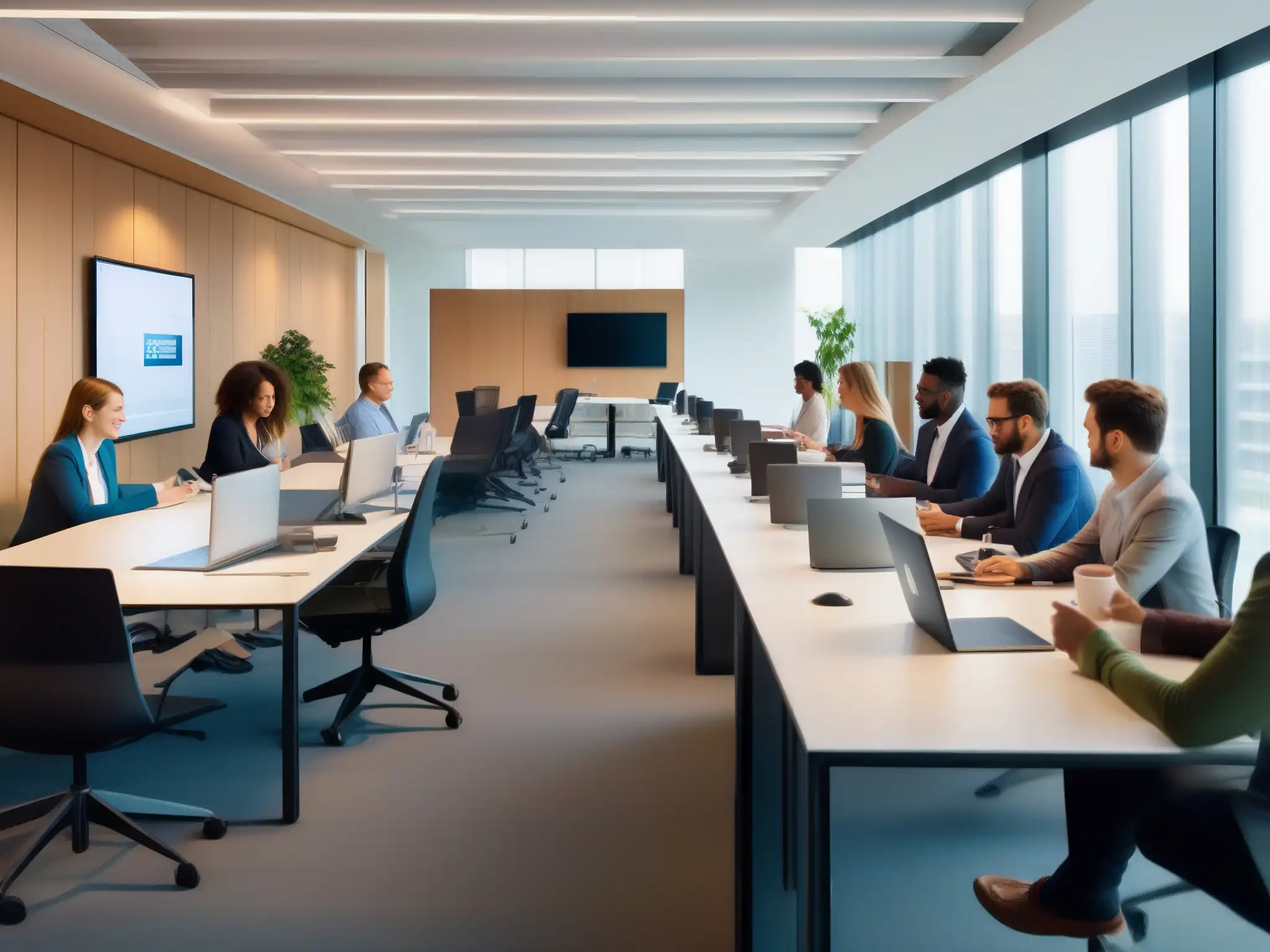 Oficina moderna: videoconferencias y colaboración eficiente Oficina moderna con impacto de videoconferencias en jornadas laborales, colaboración virtual y presencial en ambiente dinámico y productivo