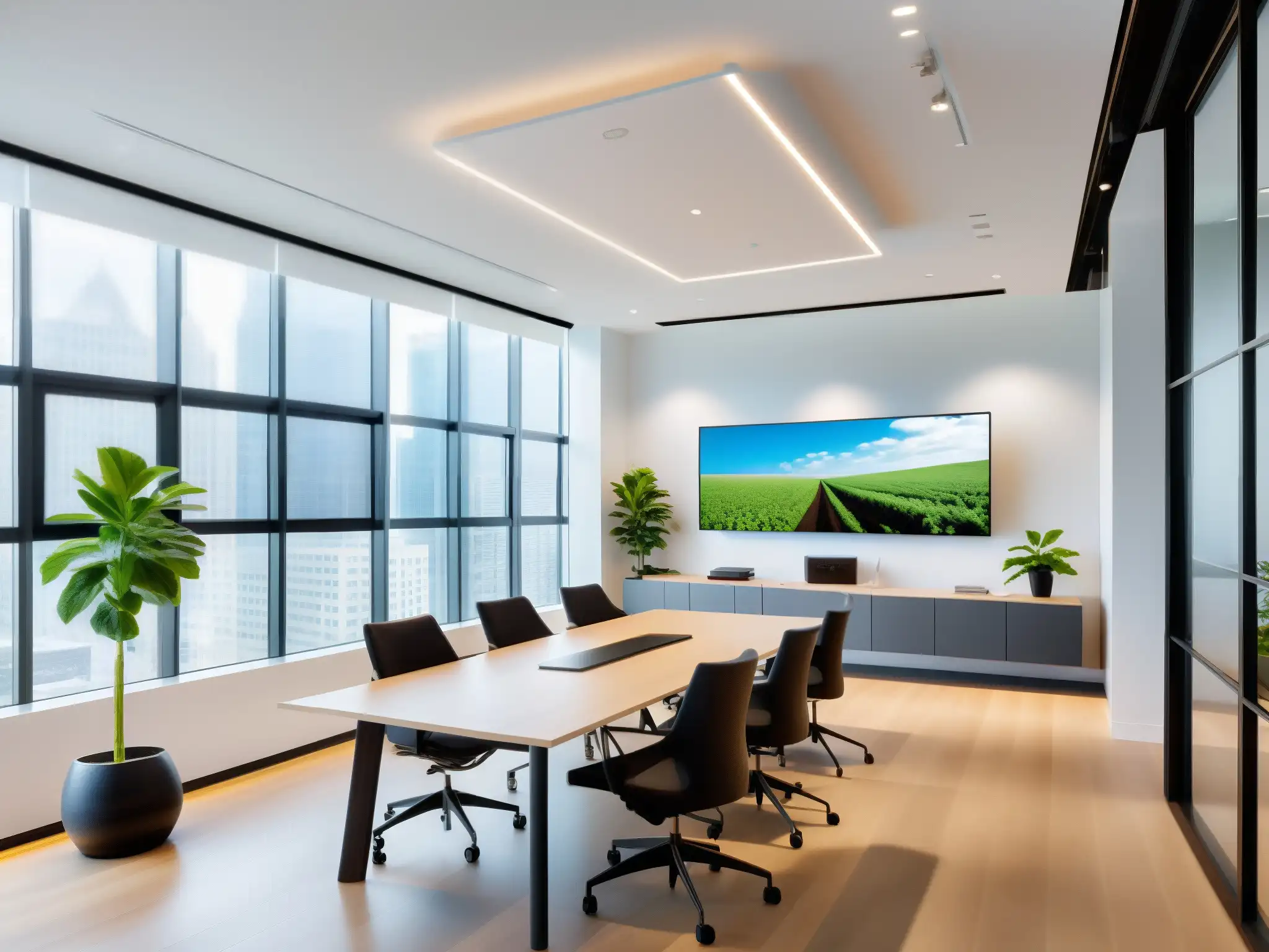 Oficina moderna con decoración minimalista y tecnología de vanguardia Oficina moderna con impacto en videoconferencias y huella de carbono reducida gracias a la integración de tecnología y sostenibilidad