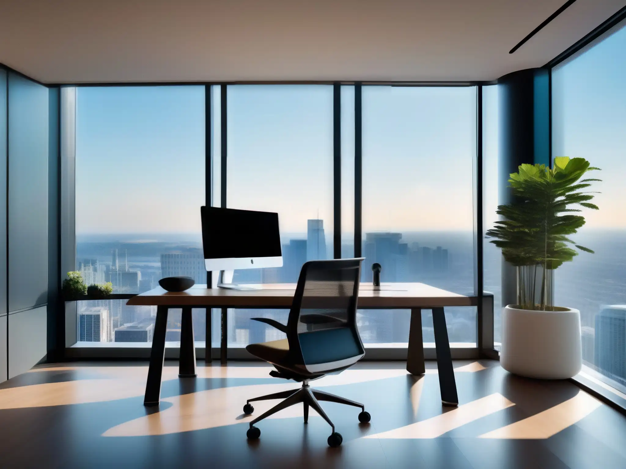 Oficina moderna con vista panorámica y tecnología de vanguardia Oficina moderna con implementación de Avaya Spaces para videoconferencia, diseño minimalista y vistas panorámicas de la ciudad desde ventanas de piso a techo