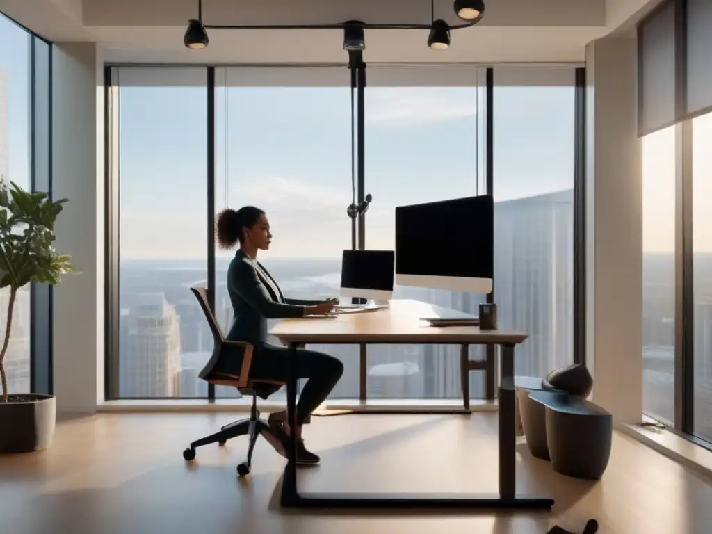 Oficina en Casa Activa: Trabajo y Entrenamiento Oficina moderna con integración de actividad física en videoconferencias