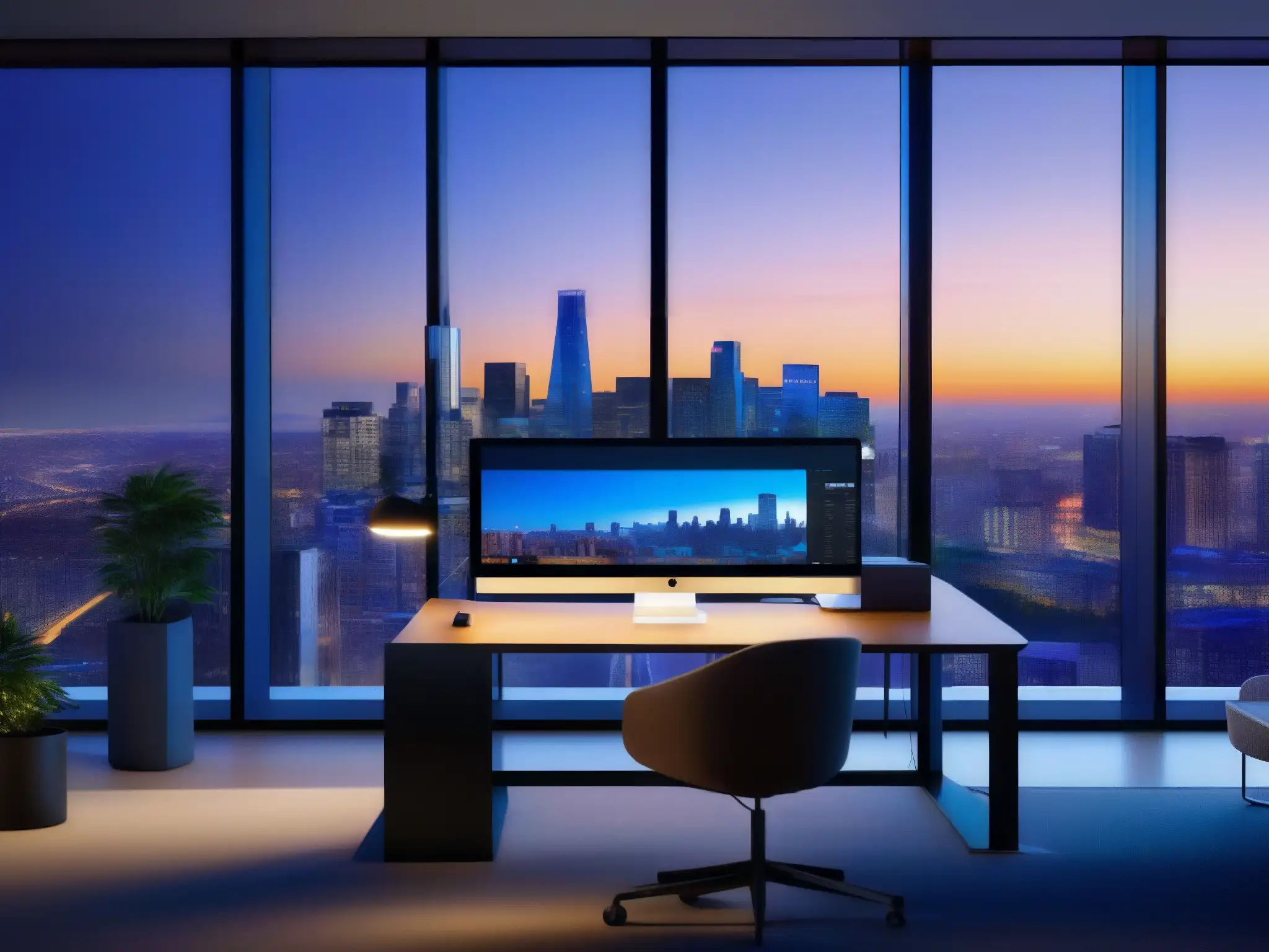 Oficina moderna con Microsoft Teams y Dynamics 365 Oficina moderna con integración Microsoft Teams Dynamics 365, ambiente productivo y vista panorámica de la ciudad