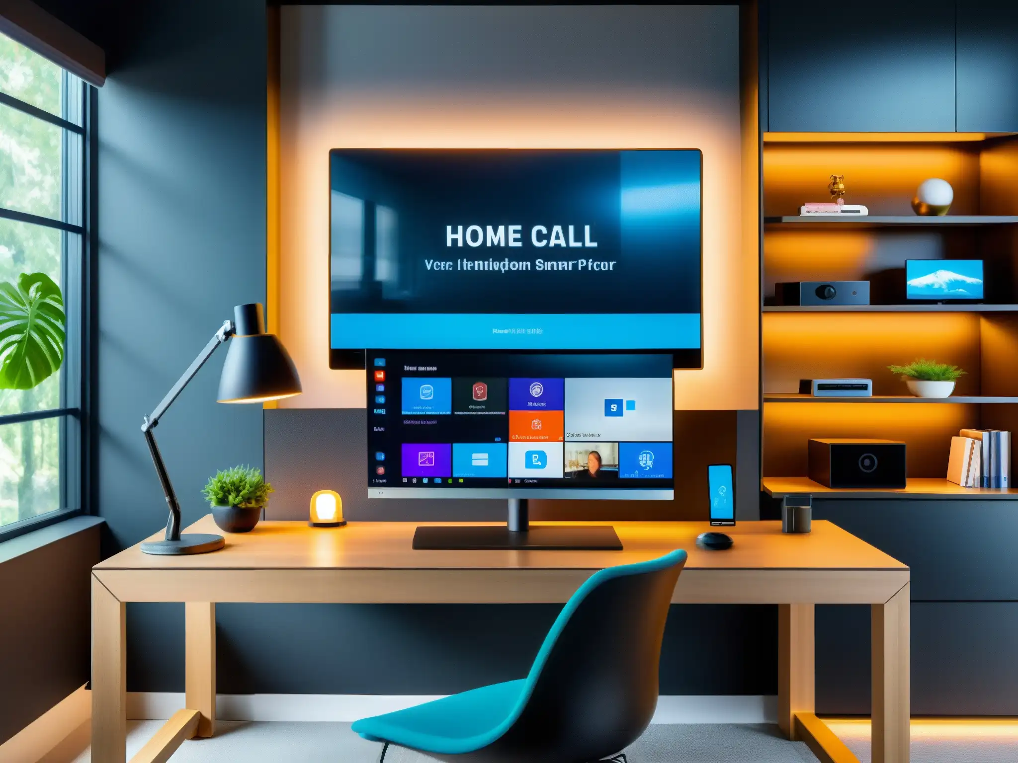 Oficina doméstica inteligente y moderna con dispositivos integrados Oficina moderna con integración de dispositivos inteligentes para videoconferencia y ambiente profesional