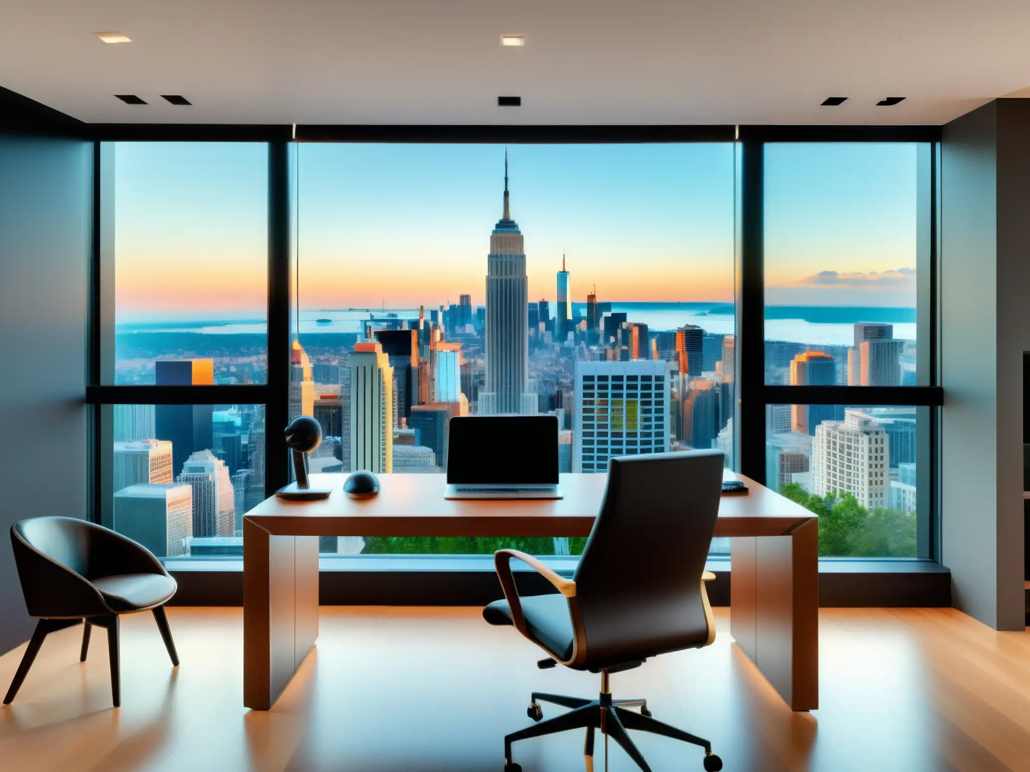 Oficina en casa de alta tecnología con vista a la ciudad Oficina moderna con integración dispositivos inteligentes para videoconferencia, elegante y profesional, con vista a la ciudad