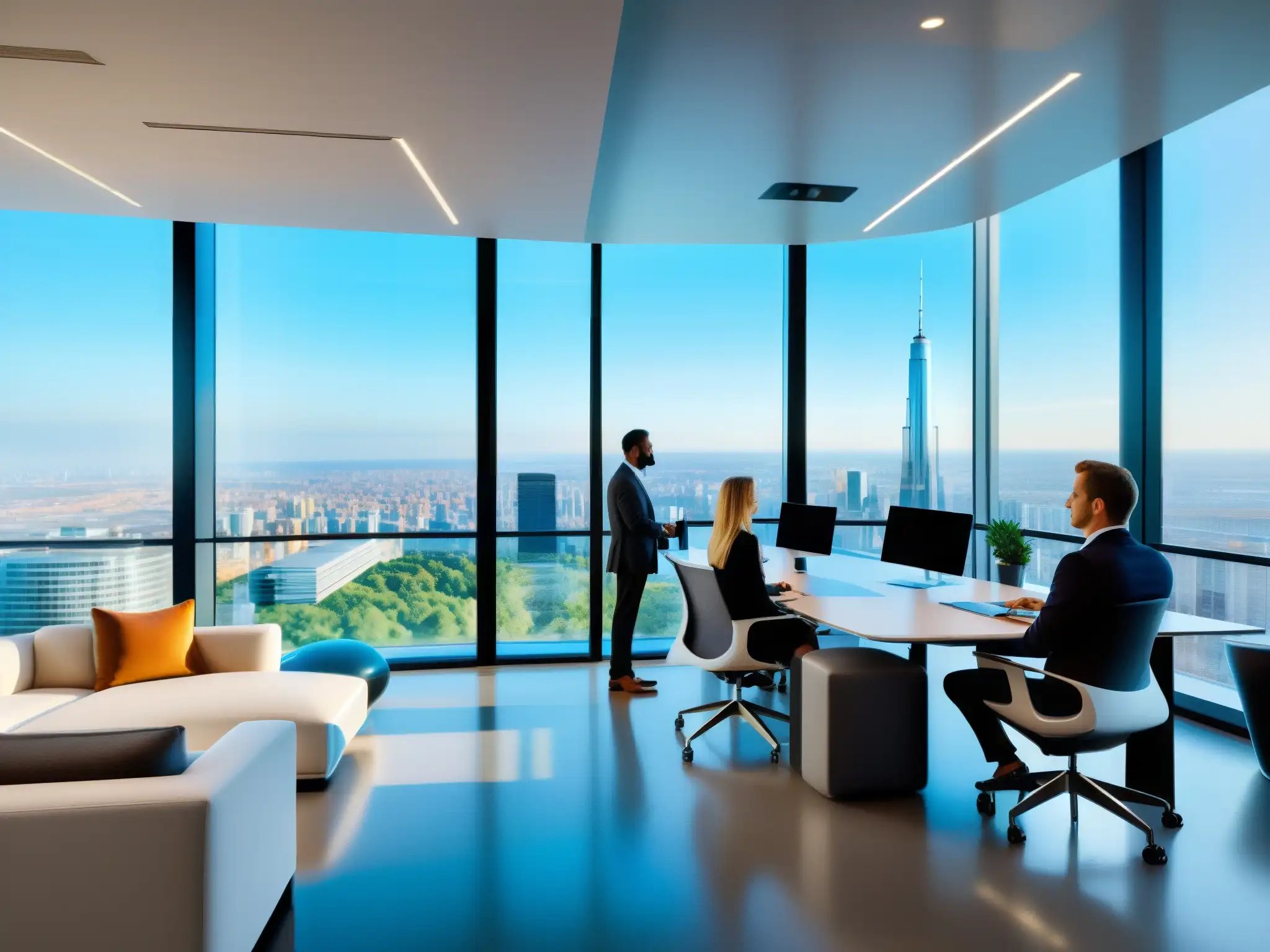 Oficina futurista con tecnología 5G y vista a la ciudad Oficina moderna con integración 5G en videoconferencia