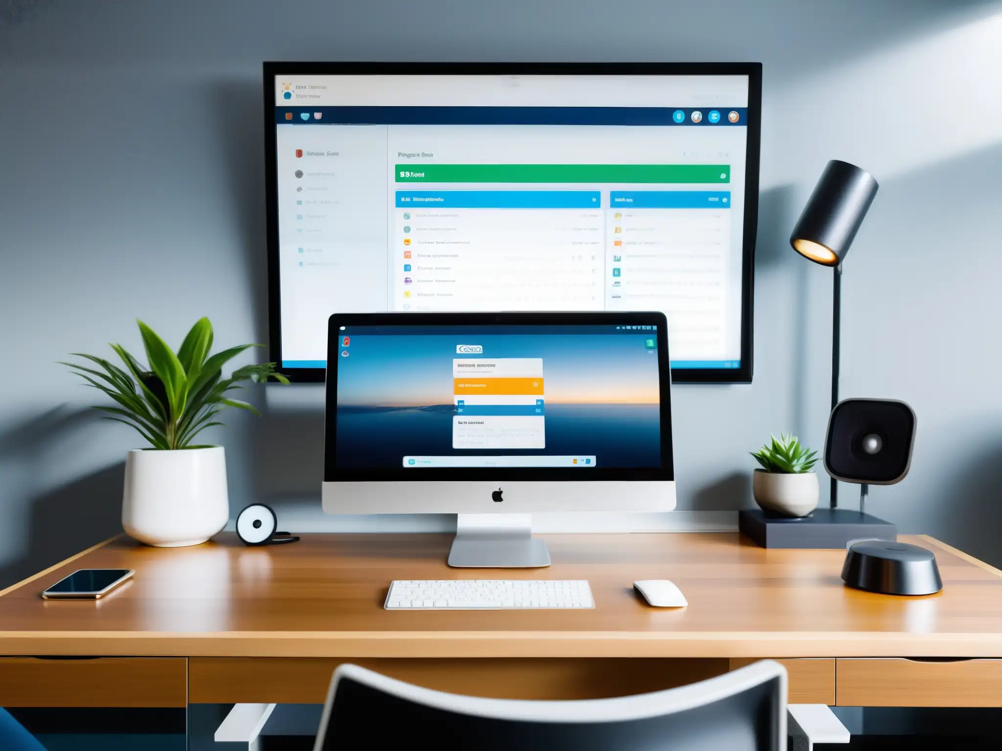 Escritorio de oficina moderno y eficiente con Trello y Asana en pantalla Oficina moderna con integración de herramientas de videoconferencia con Trello y Asana, ambiente profesional y eficiente