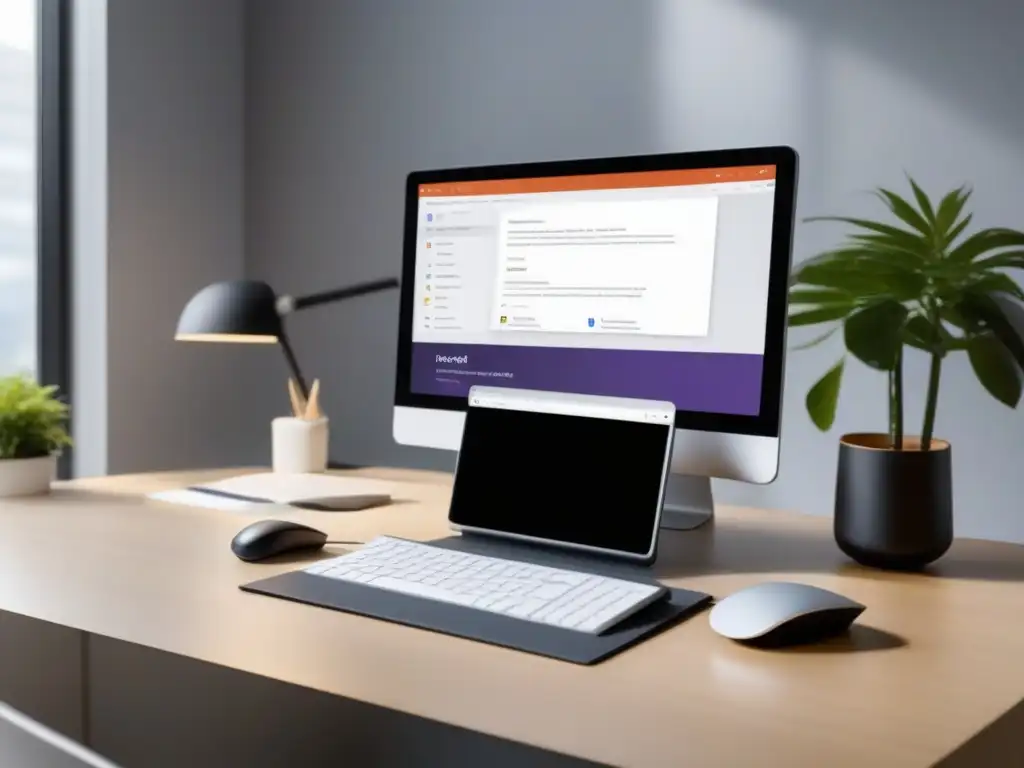 Escritorio moderno con integración de Microsoft Teams y Google Meet Oficina moderna con integración de herramientas Microsoft Teams, evocando productividad y eficiencia