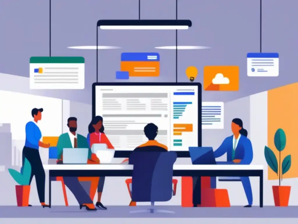 Oficina moderna: Colaboración eficiente con Microsoft Teams y Google Meet Oficina moderna con integración de herramientas de Microsoft Teams para productividad