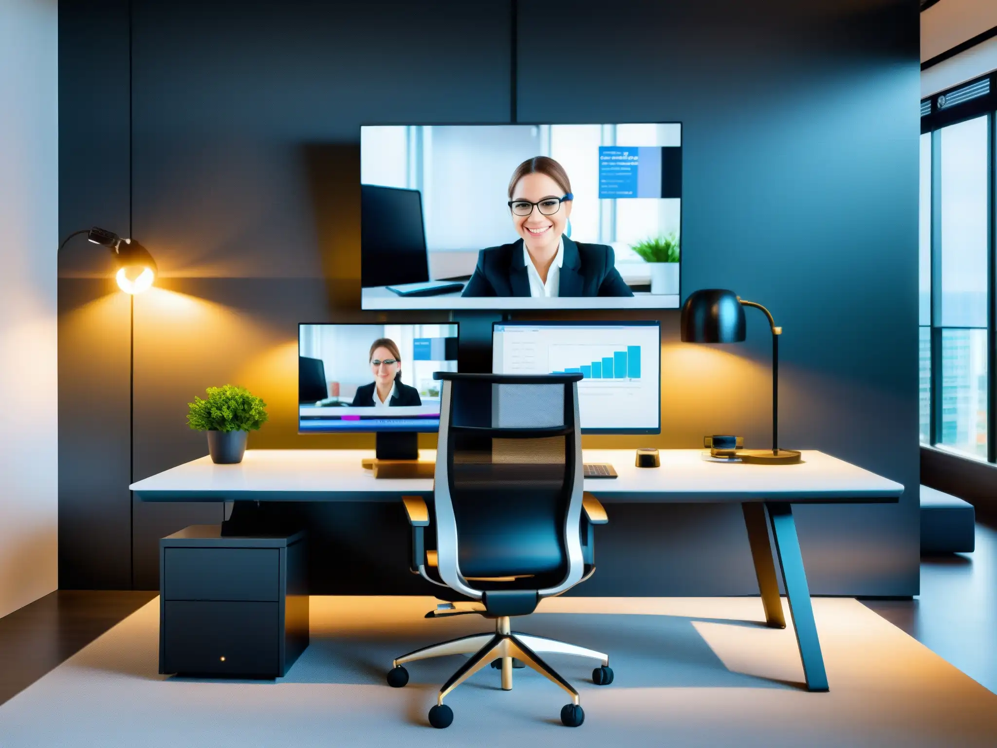 Oficina moderna con integración eficiente de videollamadas y facturación Oficina moderna con integración de herramientas videoconferencia facturación, eficiencia y calidez
