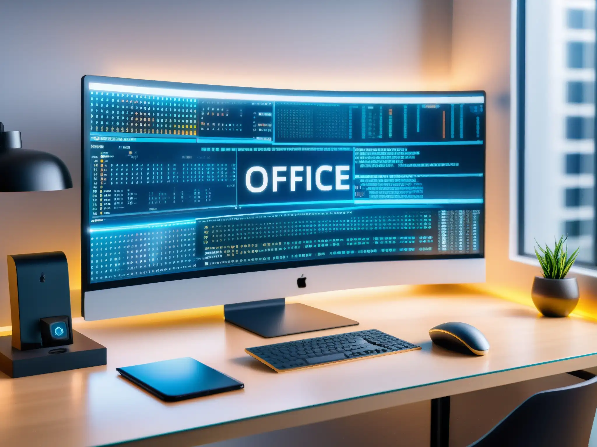 Entorno de trabajo innovador con IA en la programación Oficina moderna con integración de IA en herramientas de videoconferencia, ambiente profesional e innovador
