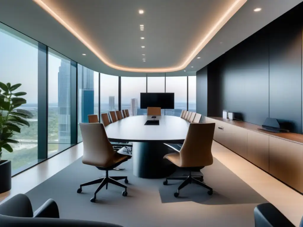 Sala de reuniones moderna y eficiente para videoconferencias Oficina moderna con integración de plataformas de videoconferencia y automatización, reflejando eficiencia y profesionalismo