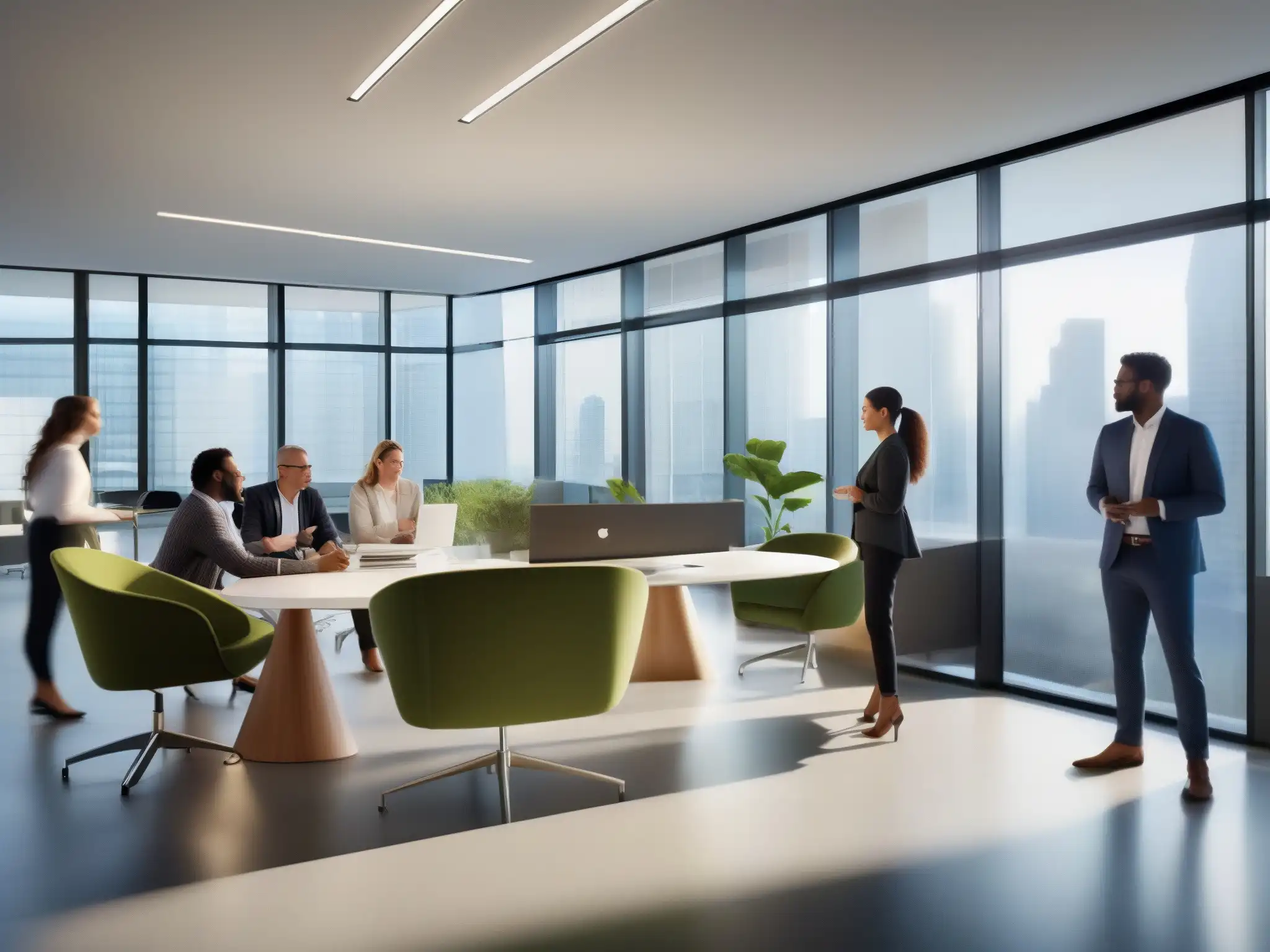Oficina moderna con colaboración dinámica y eficiente Oficina moderna con integración Zoho Meeting CRM PYMES, colaboración y productividad en un ambiente dinámico y eficiente
