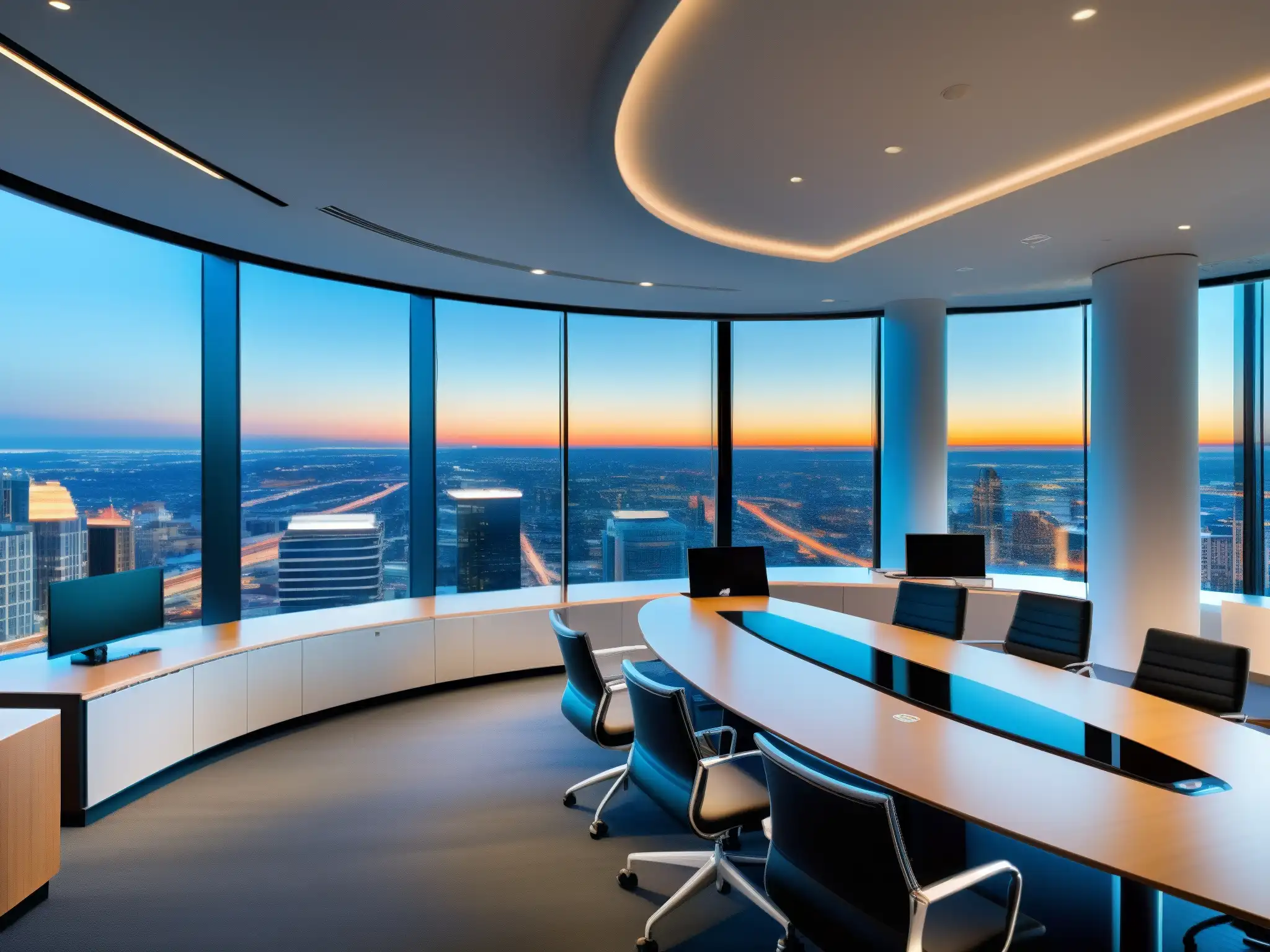 Oficina moderna con integración perfecta de RingCentral Meetings y CRM Oficina moderna con integración RingCentral Meetings CRM Servicio Cliente, tecnología de vanguardia y vista panorámica de la ciudad