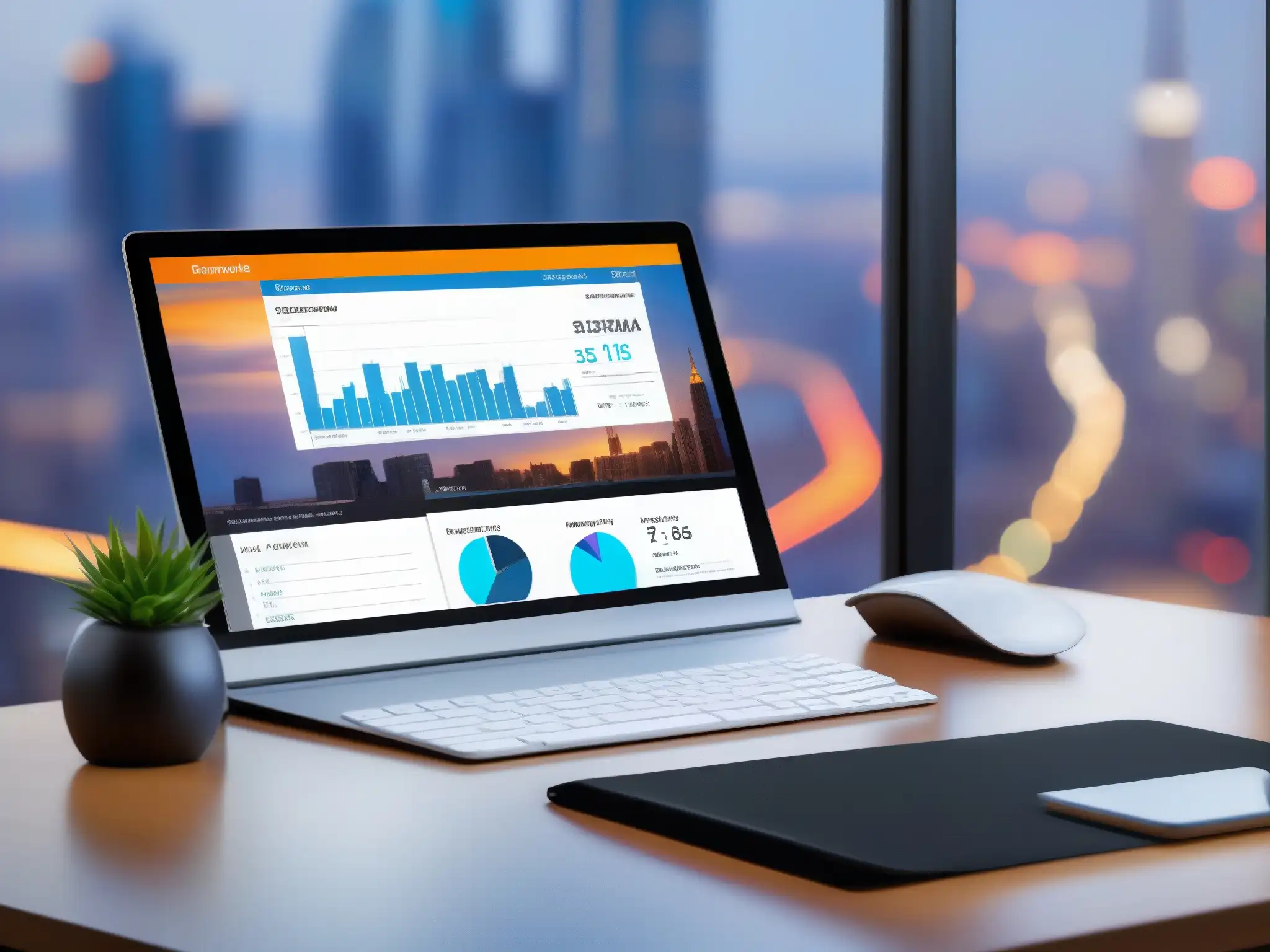 Oficina moderna con integración personalizada de RingCentral Meetings CRM y vista de la ciudad Oficina moderna con integración RingCentral Meetings CRM Servicio Cliente, mostrando eficiencia y profesionalismo en un entorno urbano dinámico
