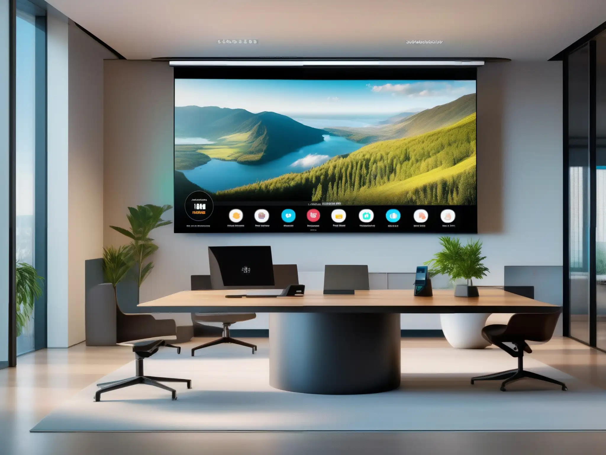 Oficina moderna integrando StarLeaf y CRM en 8k Oficina moderna con integración StarLeaf CRM y videoconferencia, ambiente profesional y tecnológico en alta resolución