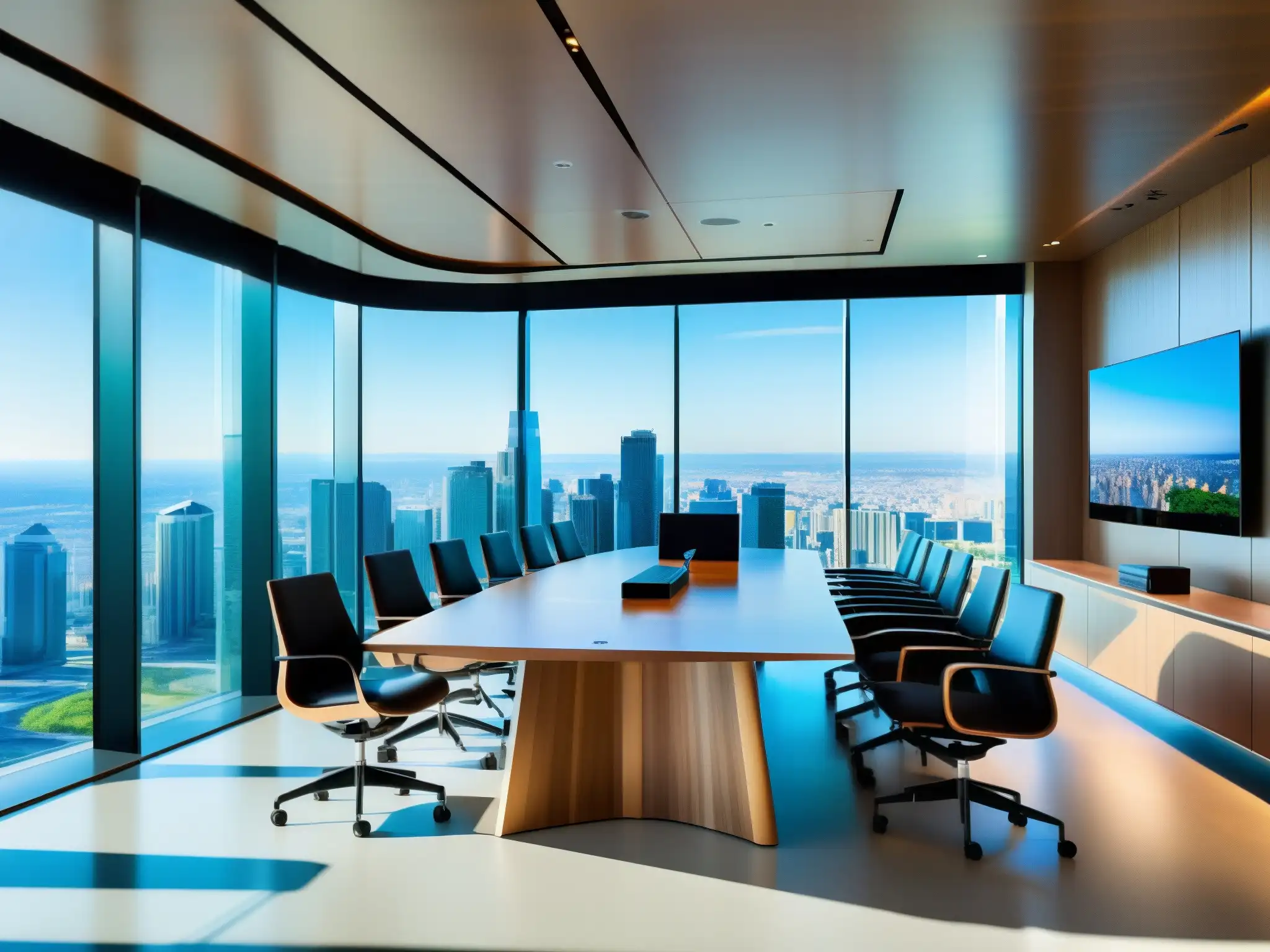 Sala de conferencias ultramoderna con vista panorámica y ambiente dinámico Oficina moderna con integración de videoconferencia en Slack, luz natural, y vista panorámica de la ciudad