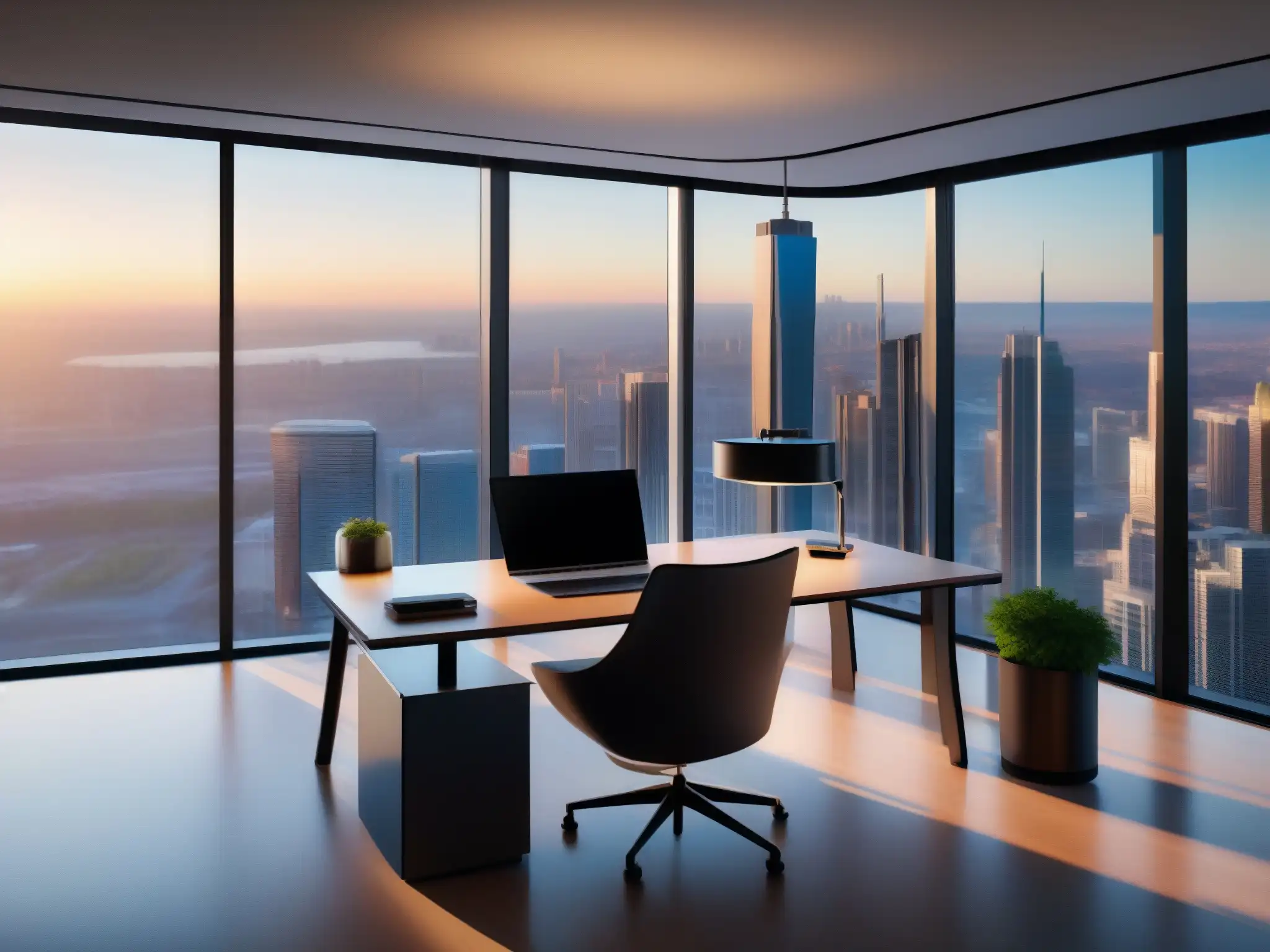 Oficina moderna con vista panorámica y tecnología avanzada Oficina moderna con integración de Slack y videoconferencia, iluminada por luz natural con vista a la ciudad