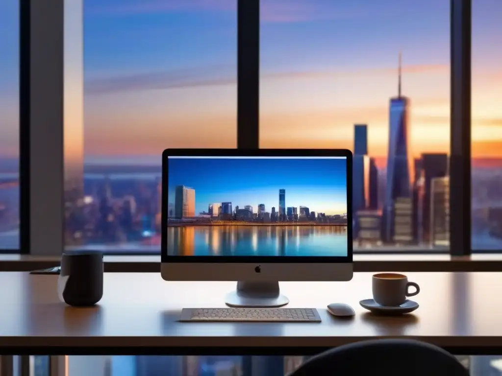 Oficina moderna con videoconferencia y skyline urbano al atardecer Oficina moderna con integración de Slack y videoconferencia, skyline urbano al atardecer
