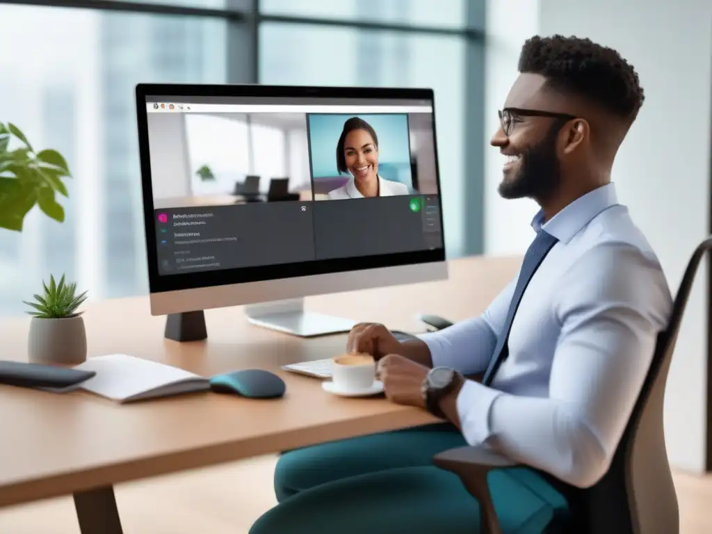 Oficina moderna: videoconferencia y Slack integrados Oficina moderna con integración de Slack y videoconferencia, ambiente profesional y productivo