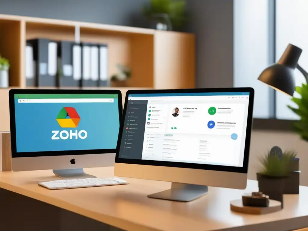 Oficina moderna con Zoho Meeting y Zoho CRM Una oficina moderna con integración Zoho Meeting CRM PYMES para videoconferencias y gestión de clientes en un ambiente profesional y eficiente