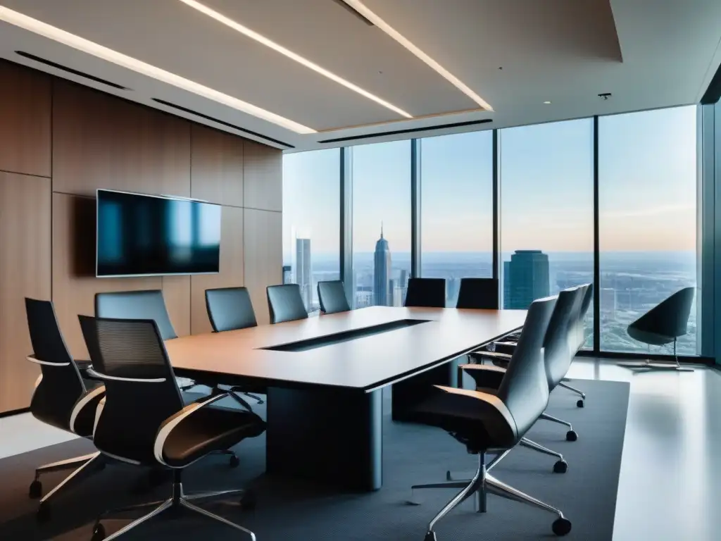 Oficina moderna con mesa de conferencias y vista a la ciudad Oficina moderna con integración de videoconferencias en Basecamp, decoración minimalista y tecnología de vanguardia, ideal para reuniones productivas