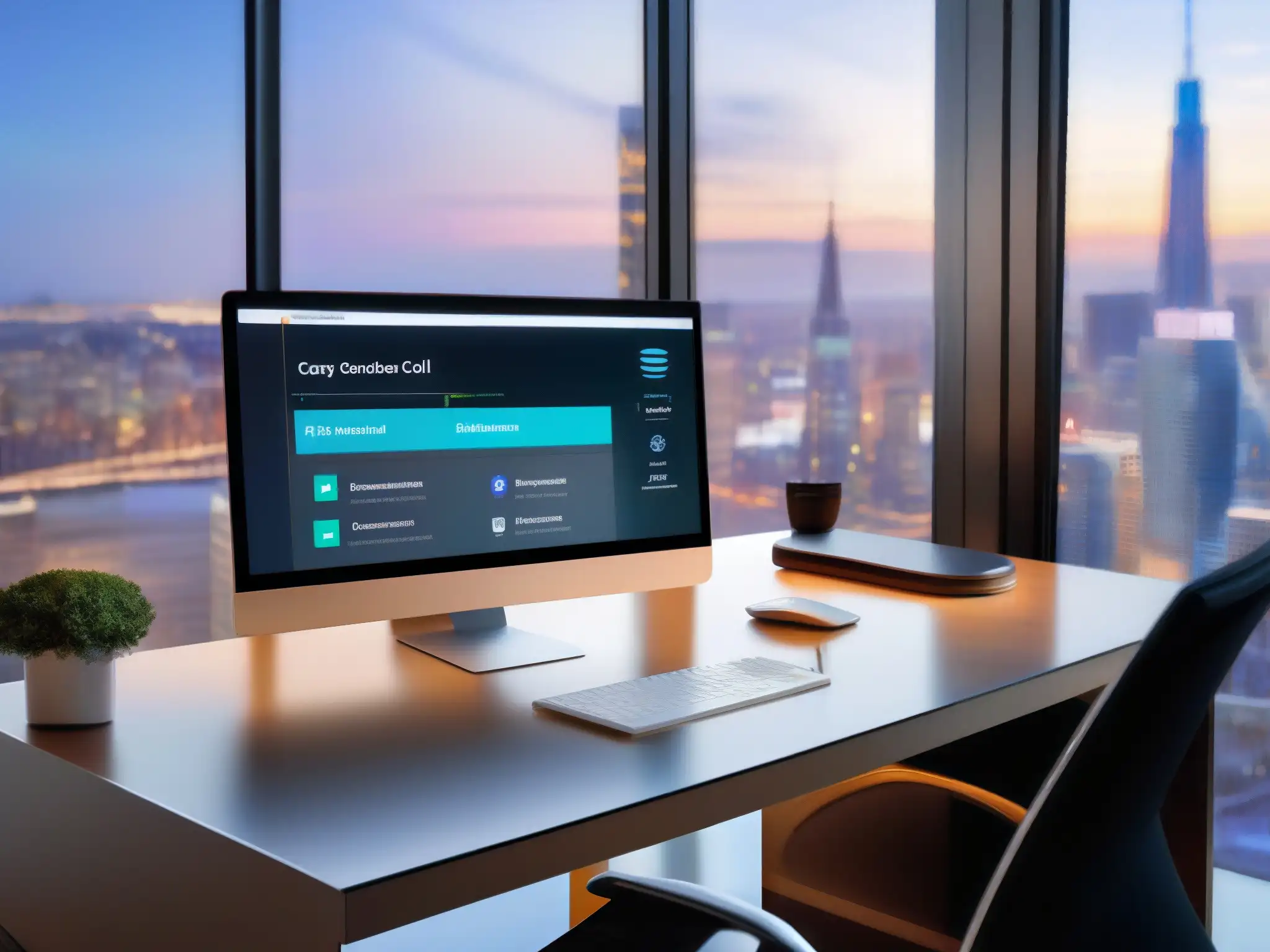 Oficina moderna con vista a la ciudad y sistema CRM Oficina moderna con integración CRM y videoconferencias, ambiente profesional y acogedor